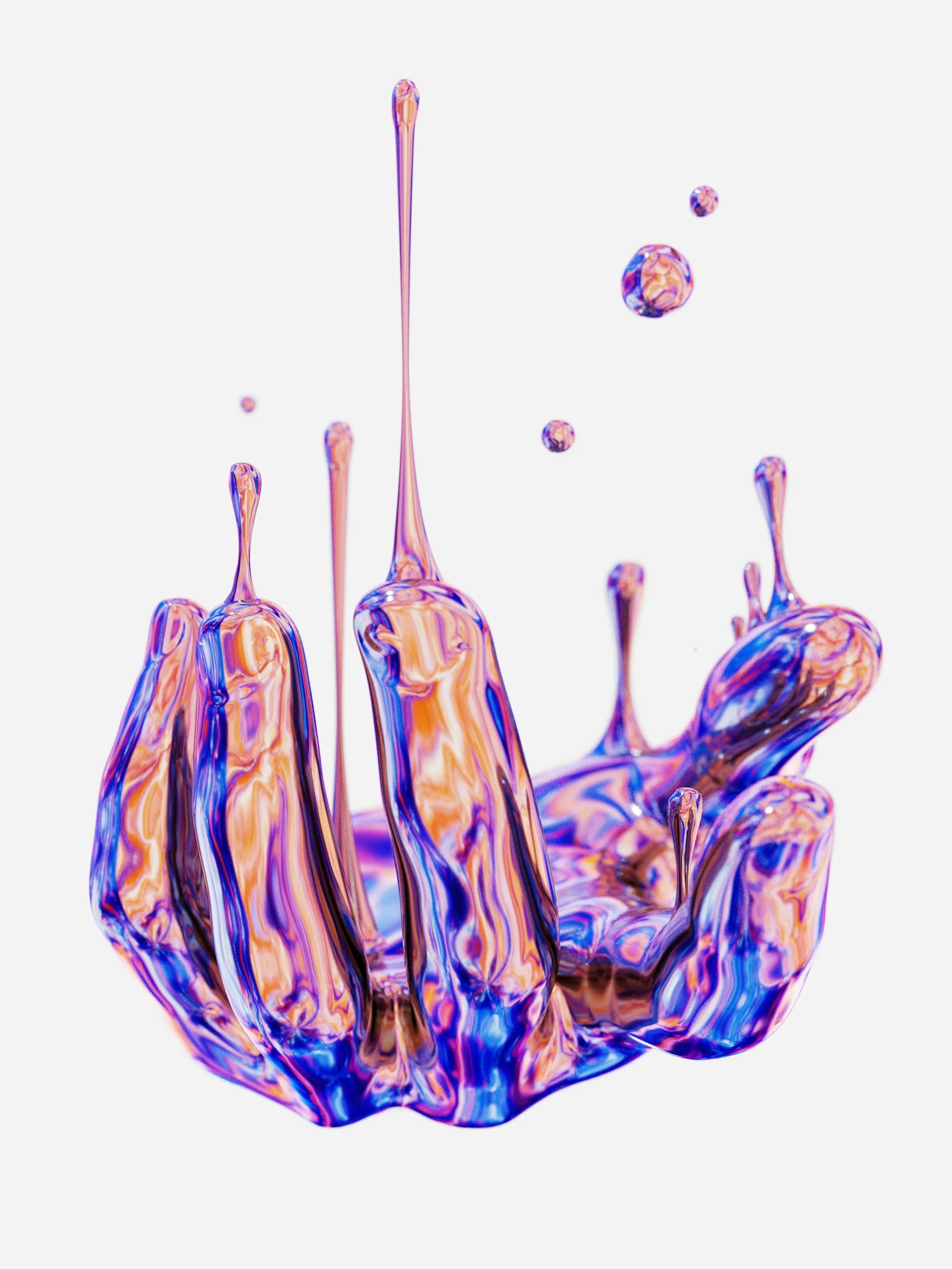 Colorful splash of paint in shades of purple, pink, blue, and orange on a white background.