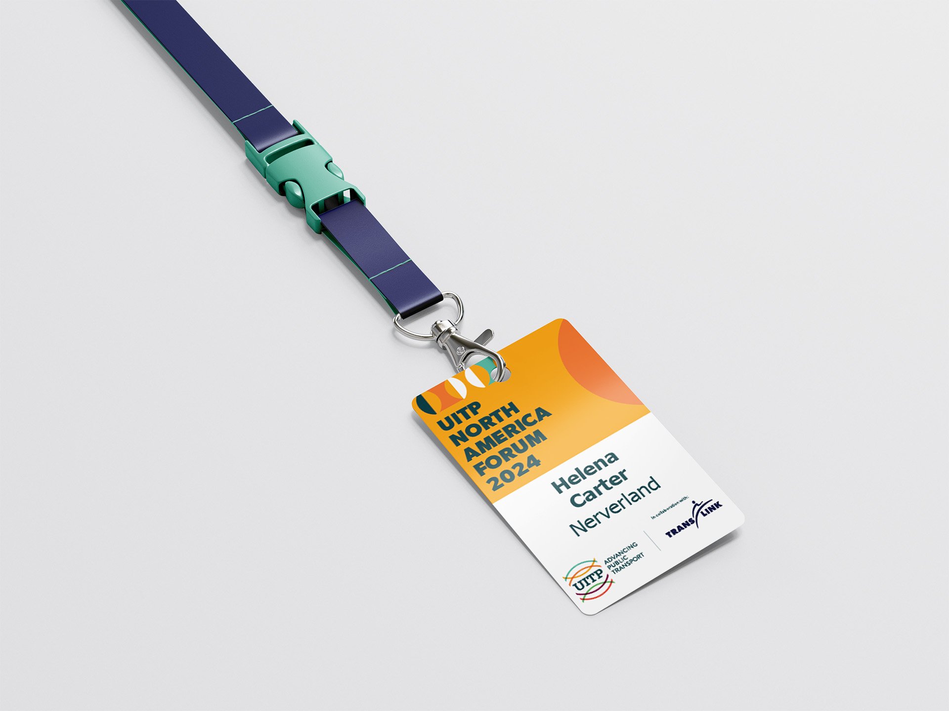 ID badge for the UITP North America Forum 2024 with the name Helena Carter from Nerverland, attached to a green and navy blue lanyard.