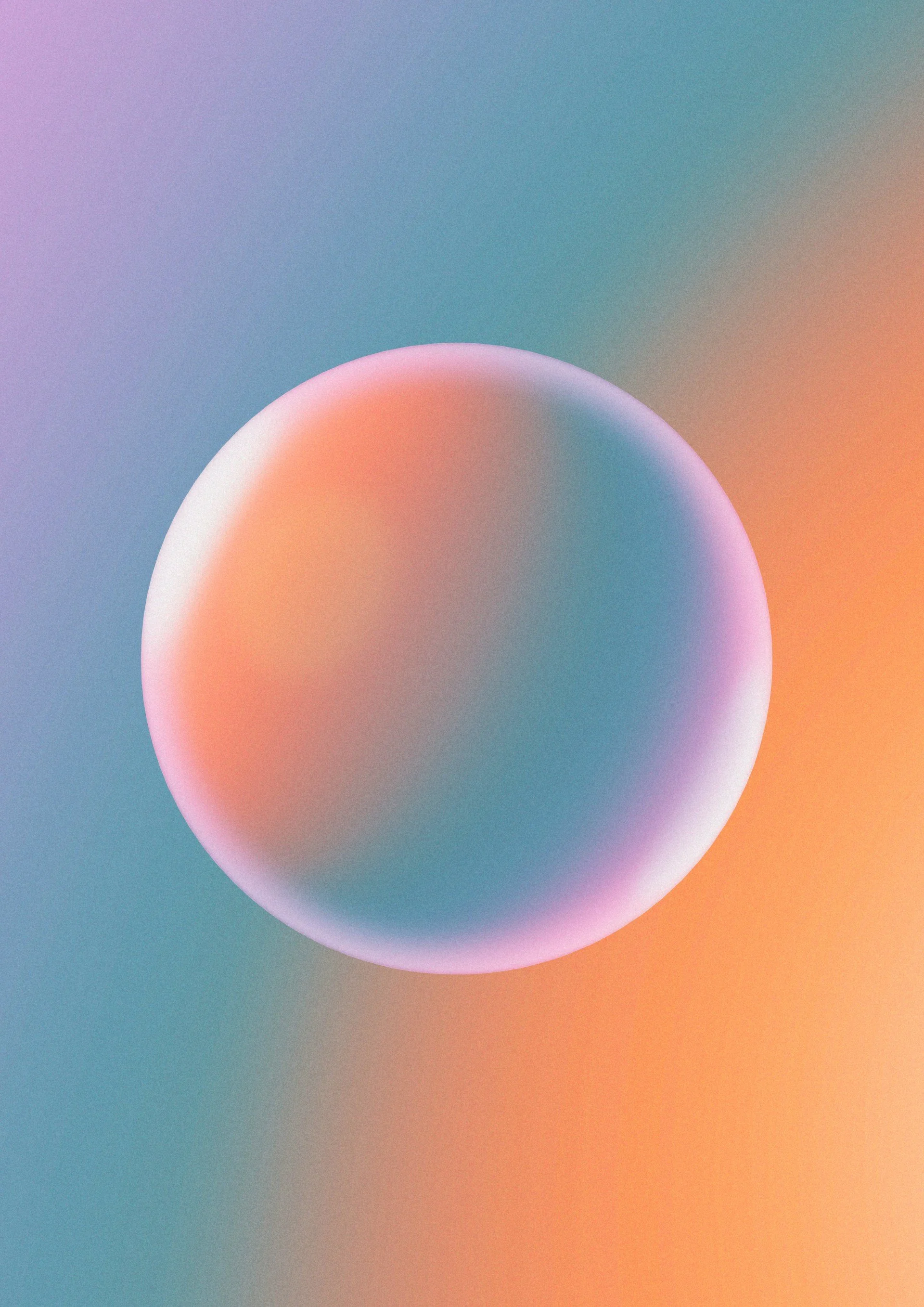 Abstract digital image featuring a glowing, pastel-colored spherical shape against a gradient background of soft purple, blue, and orange hues.
