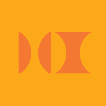 Abstract geometric design with orange and yellow shapes on an orange background