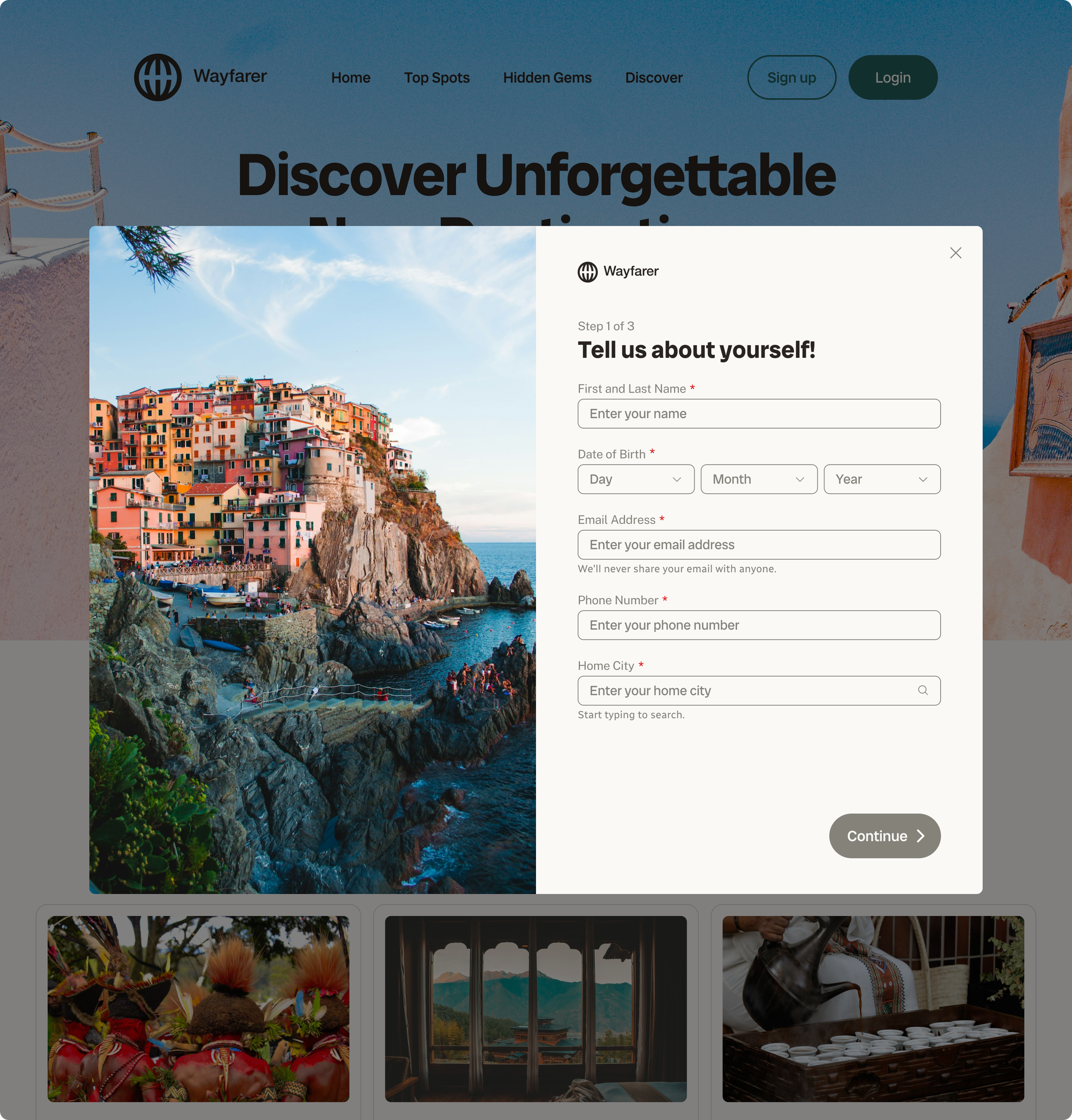 A modal form showing spaces to accept personal data for travel inspiration site.