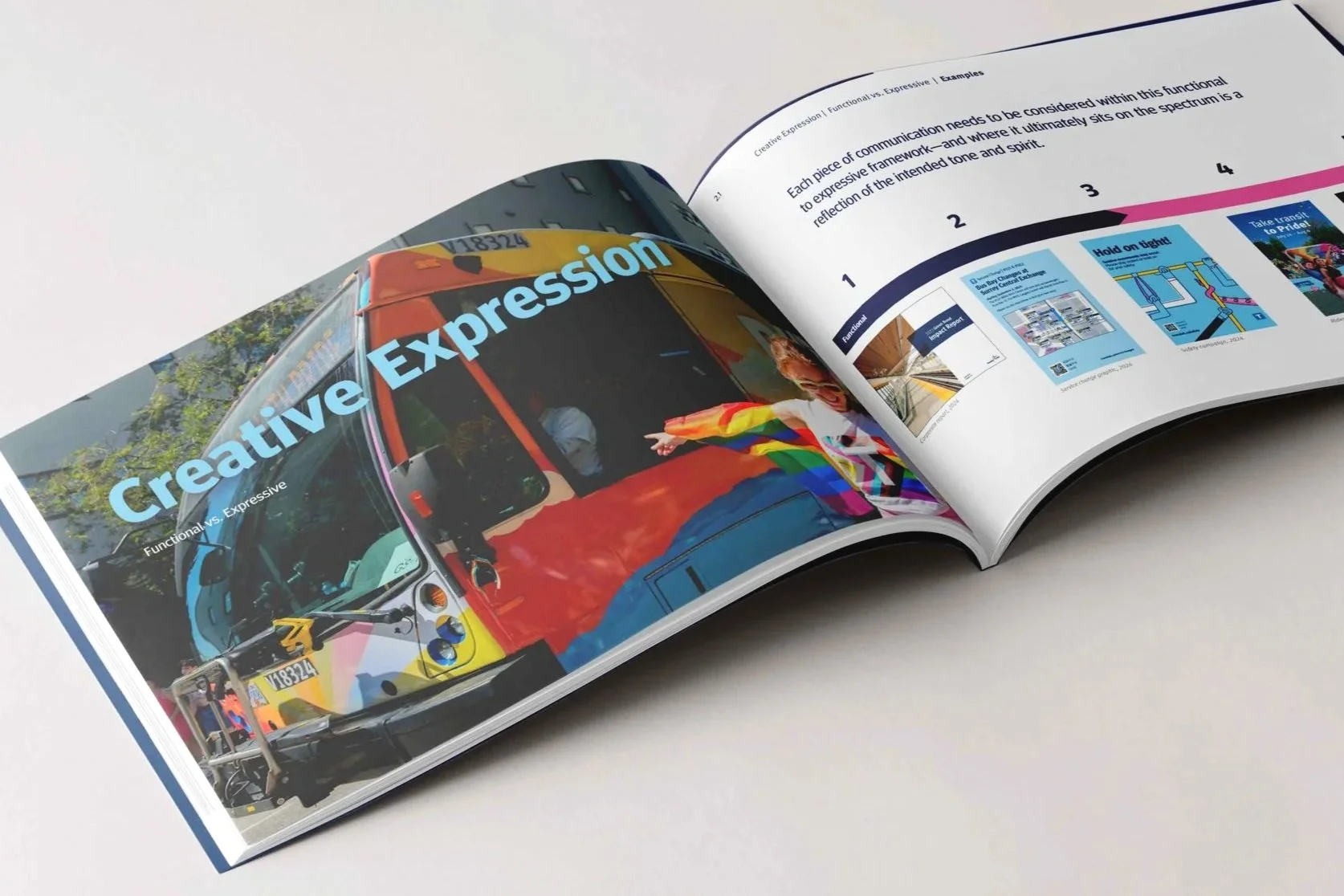 Open magazine showing a colorful train with the headline "Creative Expression" and a person in rainbow clothing.