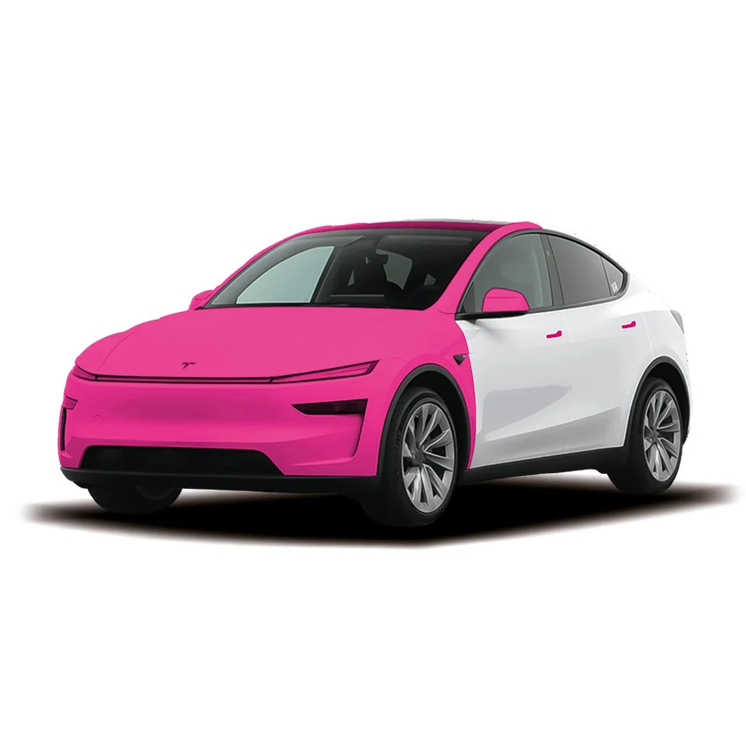 A white and pink electric car with a modern design, from Tesla, on a white background.