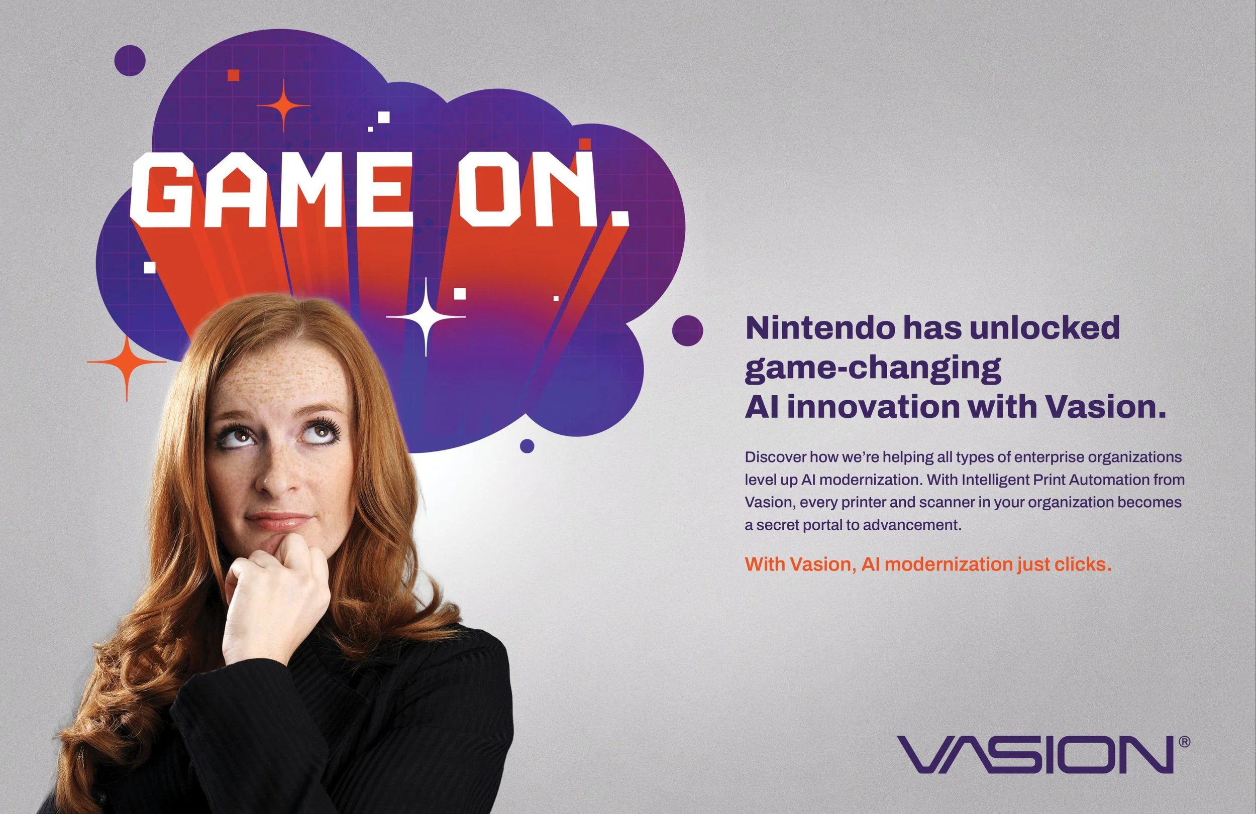 A woman with long red hair, wearing a black shirt, is looking up thoughtfully with her hand near her chin. The background features a graphic with purple and orange colors and the words 'GAME ON.' in bold, white and orange block letters. To the right,