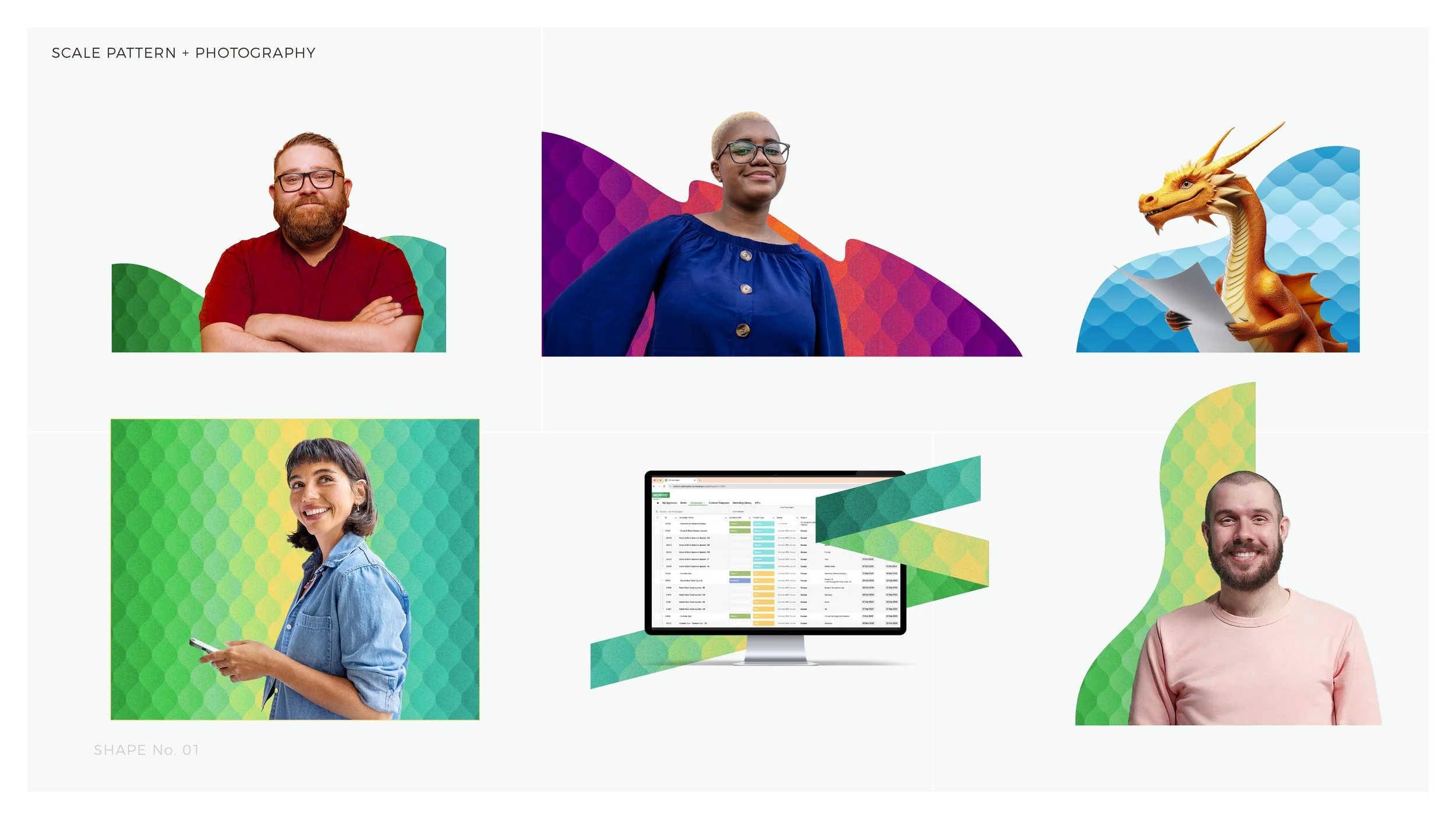 Collage of diverse people, a dragon illustration, and a computer screen displaying a spreadsheet with colorful highlights, set against a background with abstract colorful shapes and patterns.