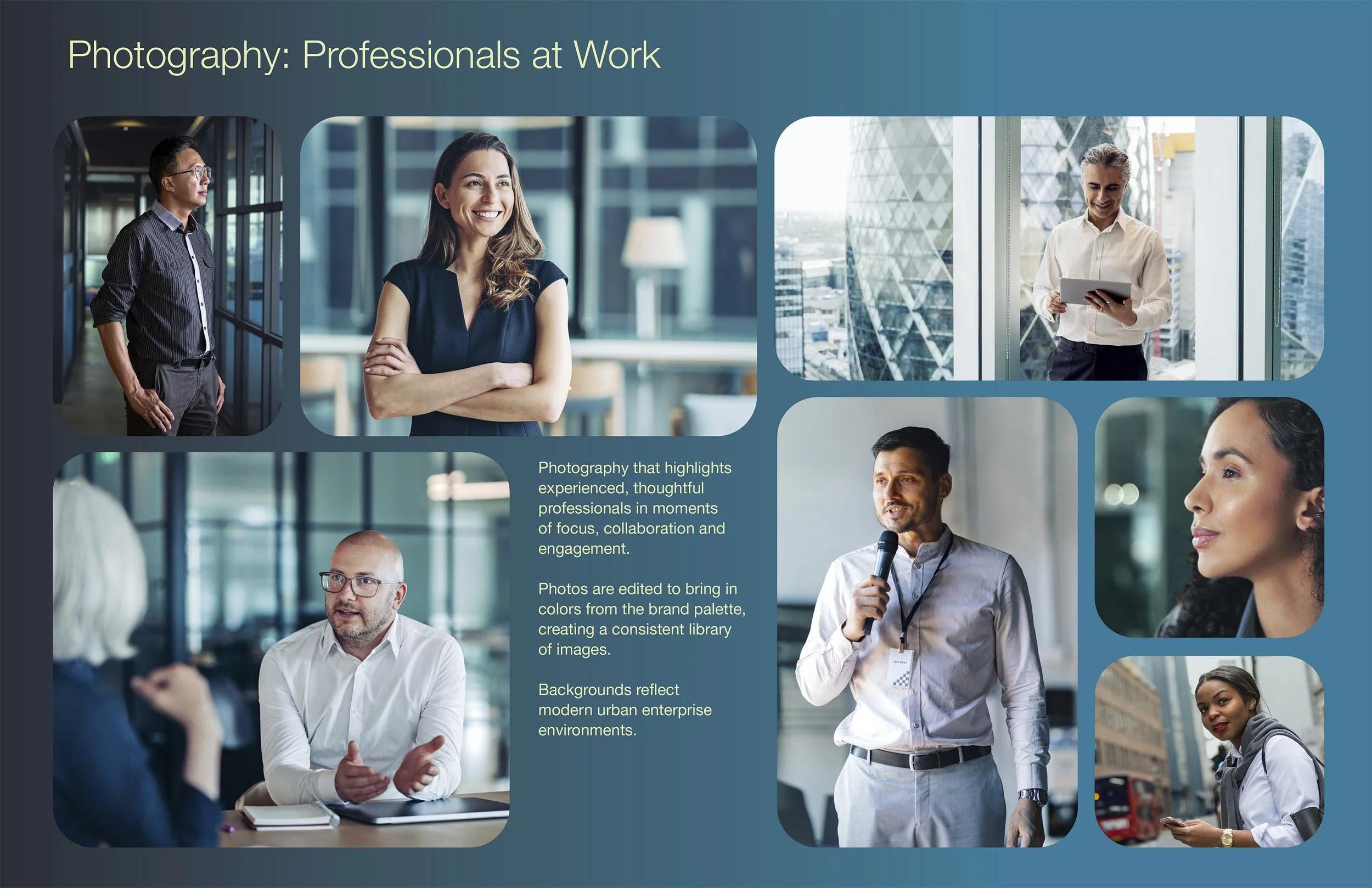 Slides from a presentation titled "Photography: Professionals at Work" showing diverse professionals in office and urban environments, engaging in work activities such as speaking, discussing, and using electronic devices.