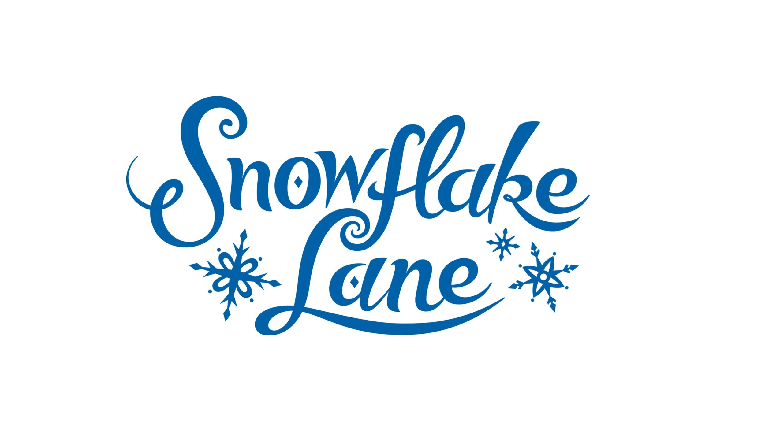 Blue text reading 'Snowflake Lane' with snowflake decorations on either side.