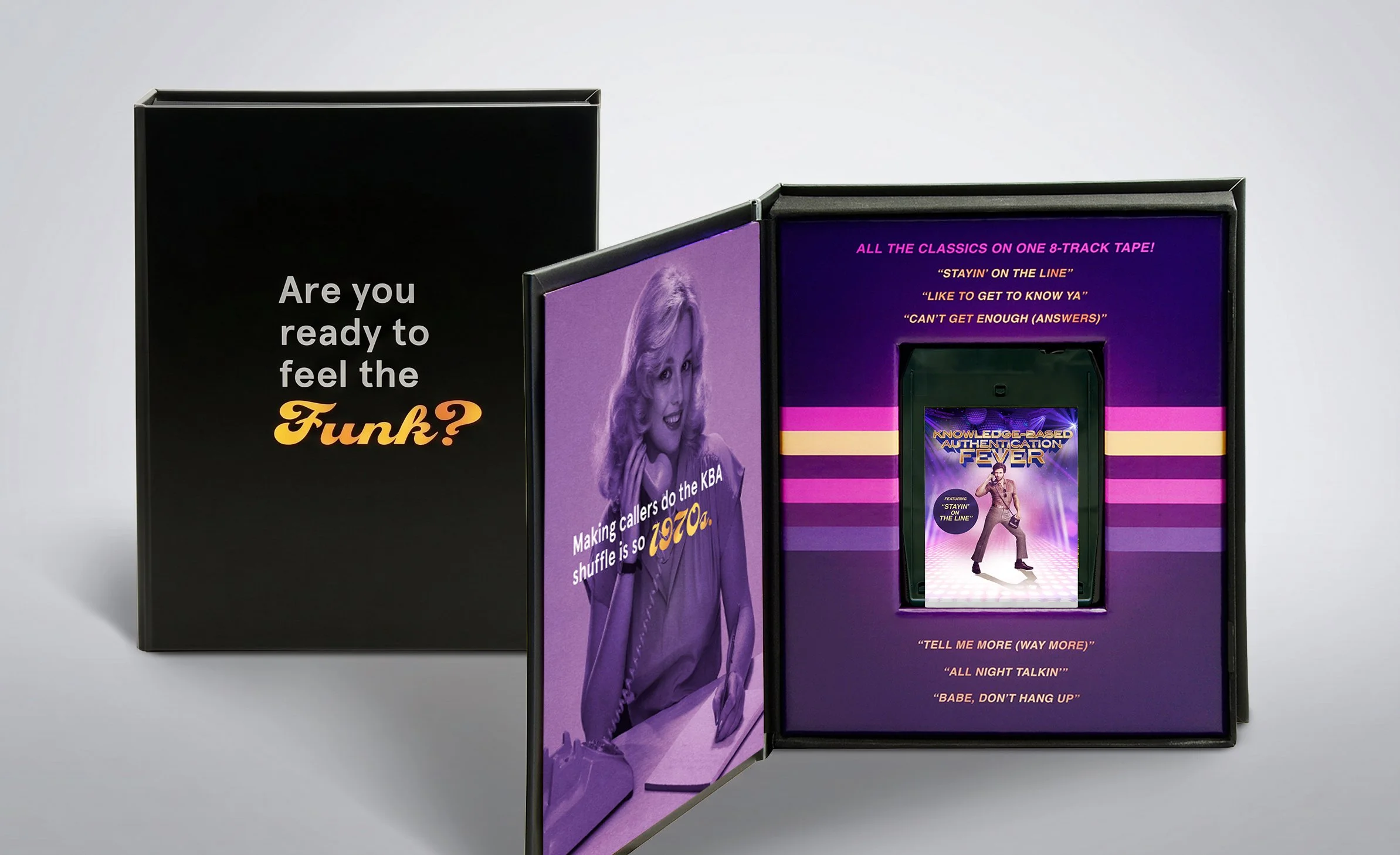 A black box with white and orange text asks, 'Are you ready to feel the Funk?' Next to it, a purple box with an illustration of a woman in vintage attire advertises a music playlist called 'Knowledge-Based Authentication Fever,' featuring classic songs like 'Stayin' on the Line' and 'Like to Get to Know Ya.'