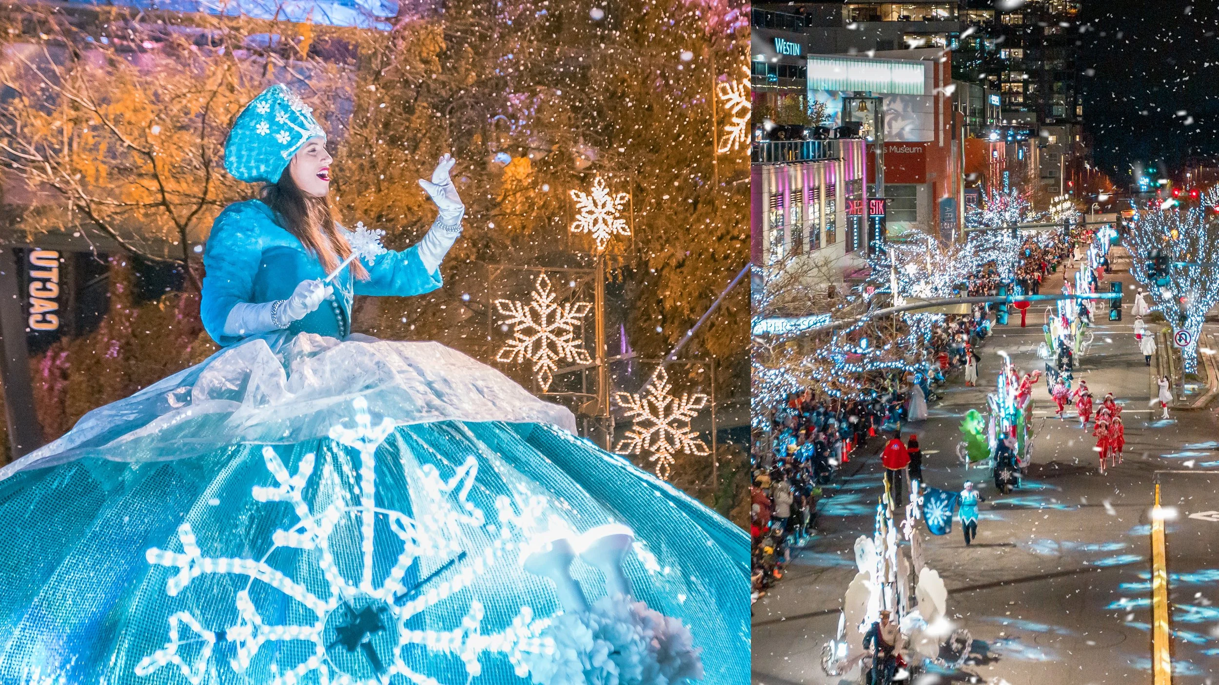 Image showing a nighttime parade with a float featuring a woman dressed as a winter princess or fairy with a large blue snowflake costume and a matching tall blue hat, and a decorated city street with illuminated holiday lights and people in festive 
