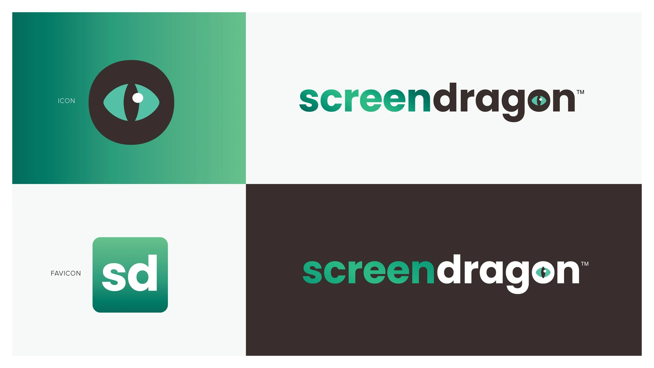 Screen capture of logos for ScreenDragon, featuring a black eye with a circular design inside and text, along with a smaller favicon logo with 'sd' in white on a green gradient background.