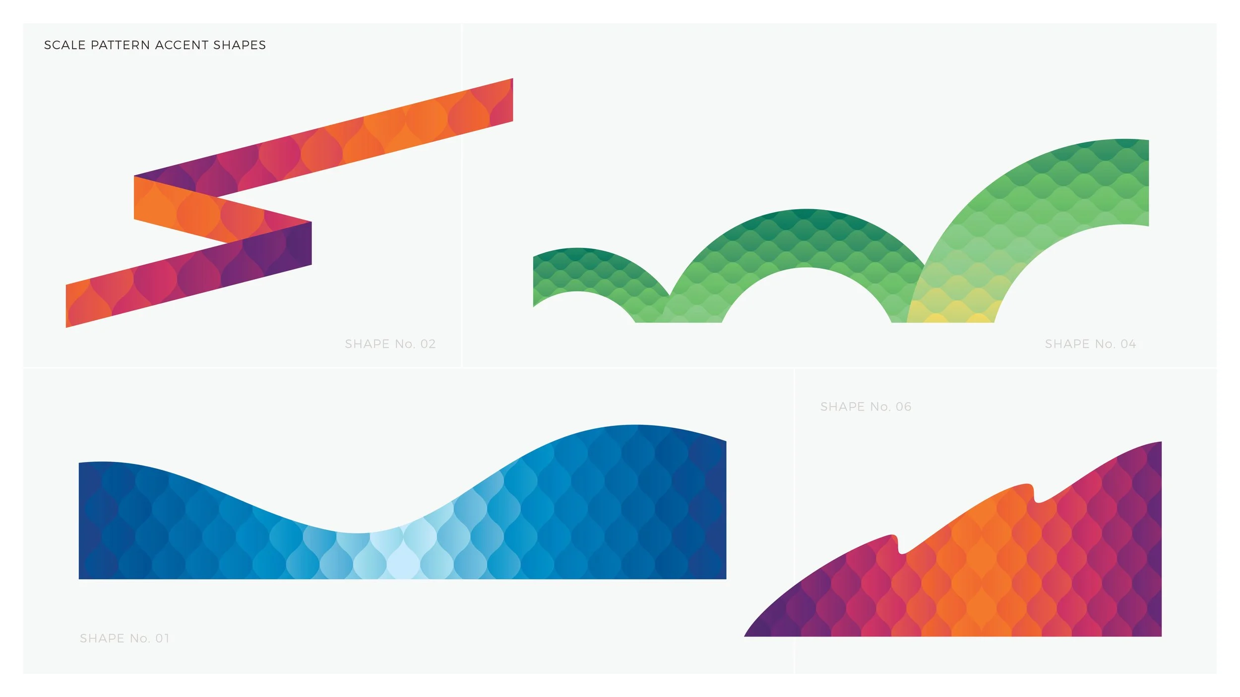 A chart illustrating different scale pattern accent shapes with vibrant, multi-colored hues and geometric patterns.
