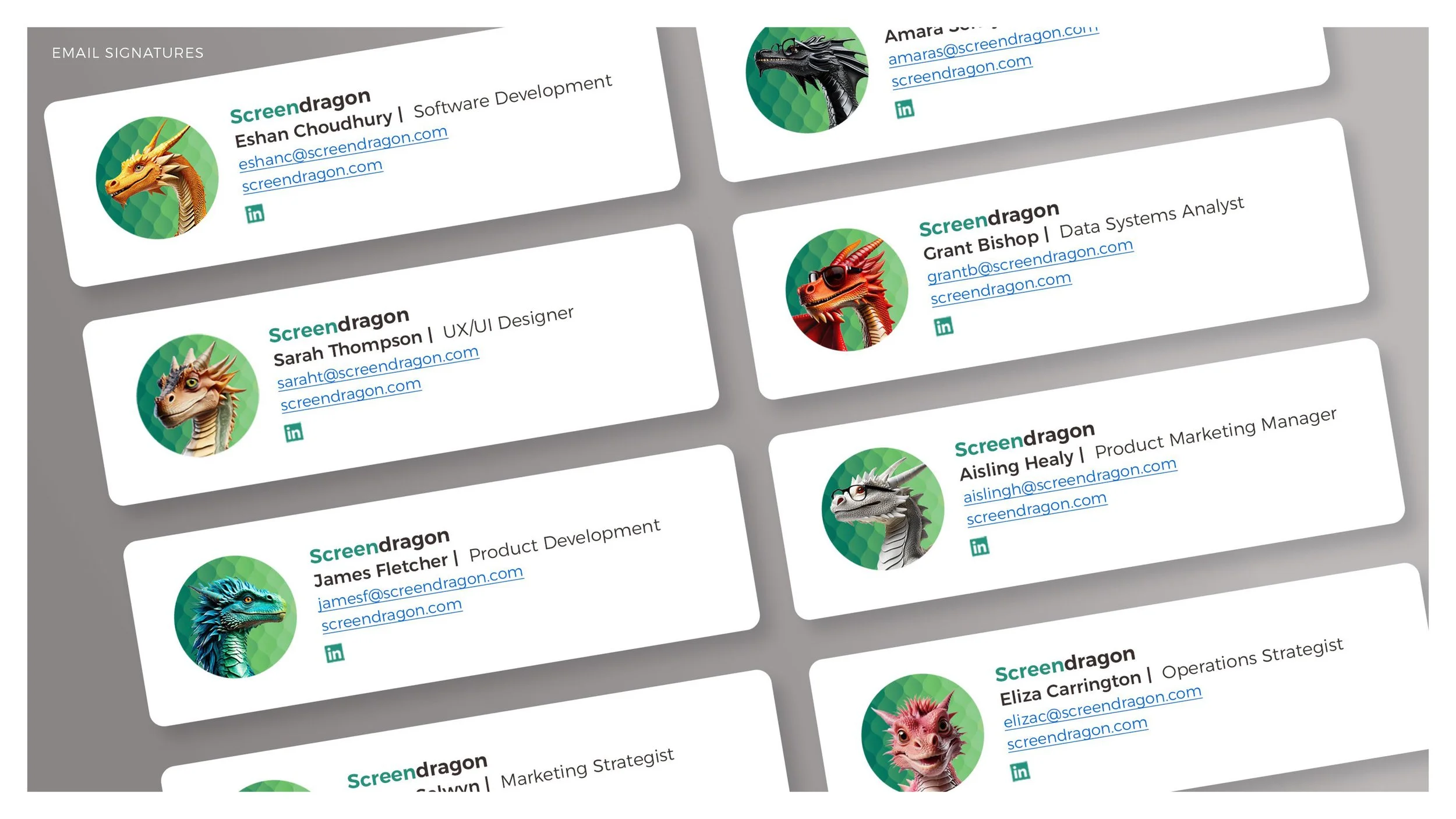 Collection of business cards featuring dragon illustrations and contact information for employees at ScreenDragon, including names, roles, email addresses, and LinkedIn icons.
