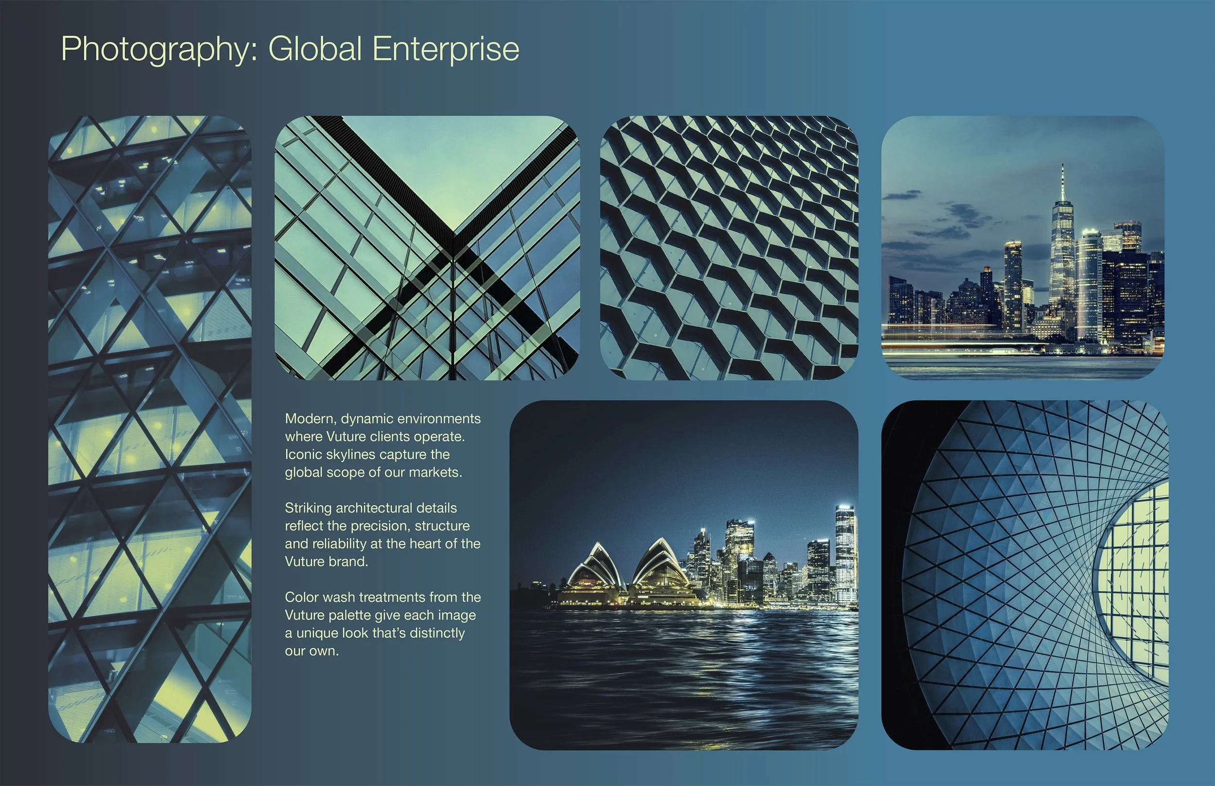 A digital presentation slide titled 'Photography: Global Enterprise' features images of modern architecture including glass skyscrapers with intricate geometric facades and a city skyline with tall buildings and a waterfront at dusk.