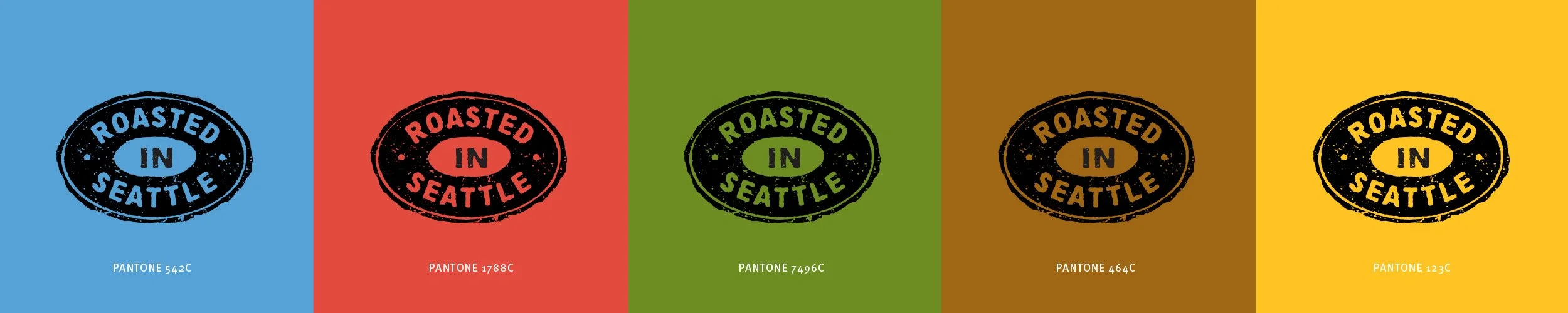 Five colored backgrounds with a black circular stamp design that says 'Roasted in Seattle'. The backgrounds from left to right are blue (Pantone 542C), red (Pantone 1788C), green (Pantone 7496C), brown (Pantone 464C), and yellow (Pantone 123C).