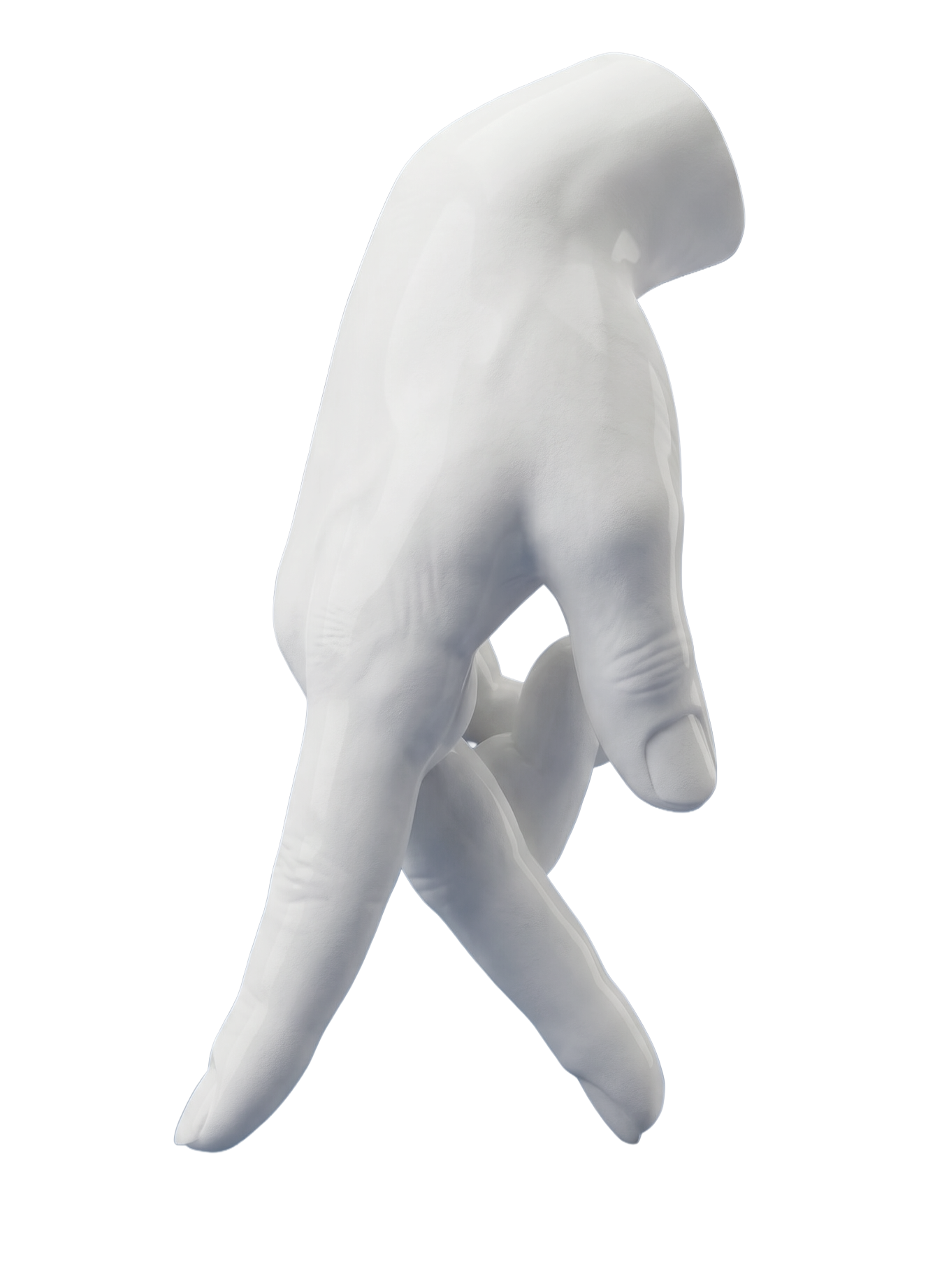 A white, abstract sculpture of a humanoid figure in a crouched pose on a geometric red and purple background with dark, muted tones.