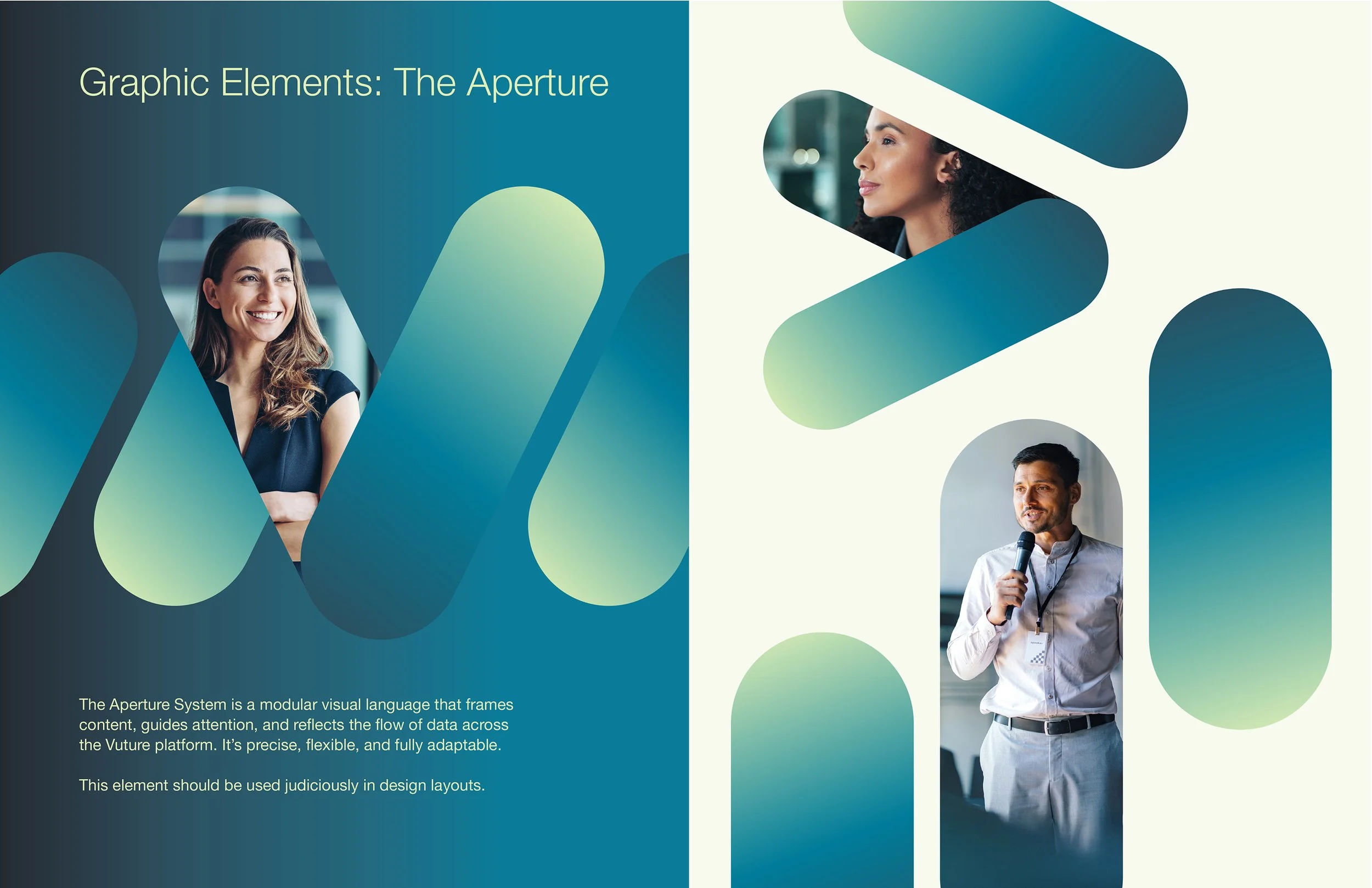 A presentation slide titled 'Graphic Elements: The Aperture' with abstract graphic shapes and images of three people, two women and one man, in a professional setting. One woman has long brown hair, the other woman has curly black hair, and the man has short dark hair, wearing a white shirt and holding a microphone.