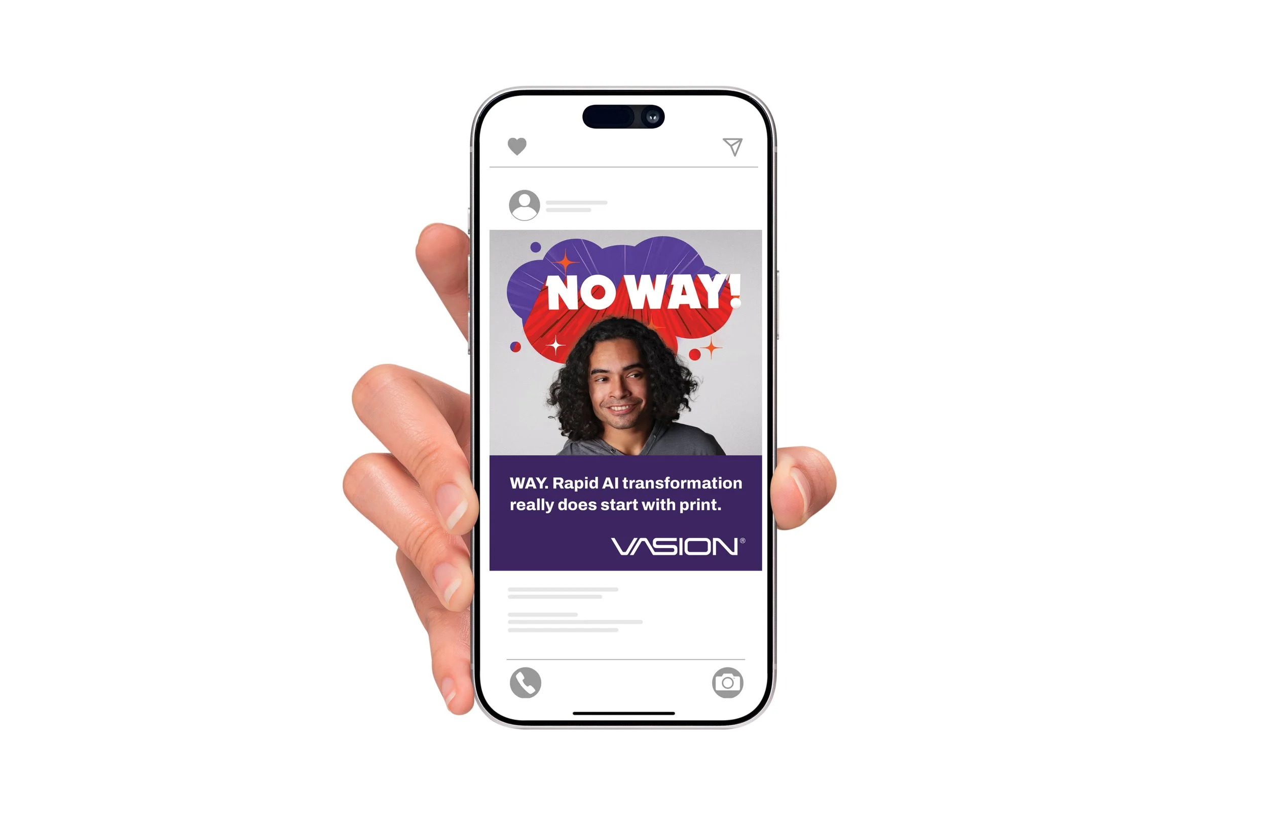 Hand holding a smartphone with a social media post on the screen. The post features a smiling man with curly hair and the words 'NO WAY!' in bold, colorful letters. The background of the post has a purple and gray design, and there is a caption readi