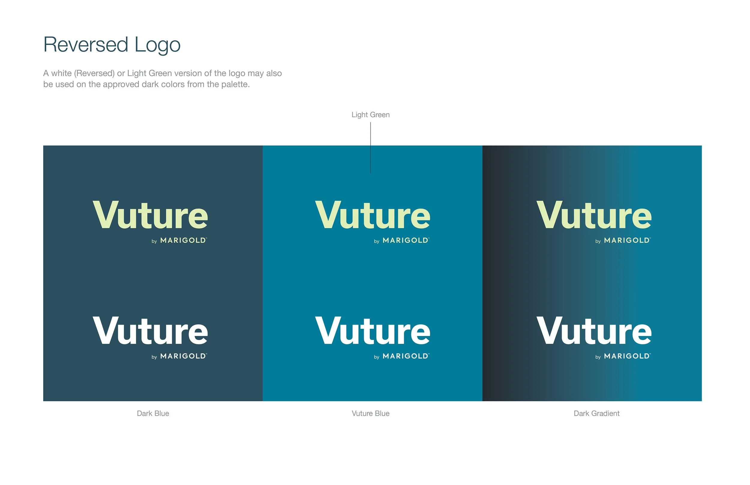 A color palette showing different shades of blue for a logo design, labeled with shades 'Dark Blue,' 'Vuture Blue,' and 'Dark Gradient,' with sample logo text 'Vuture by MARIGOLD' in each shade.
