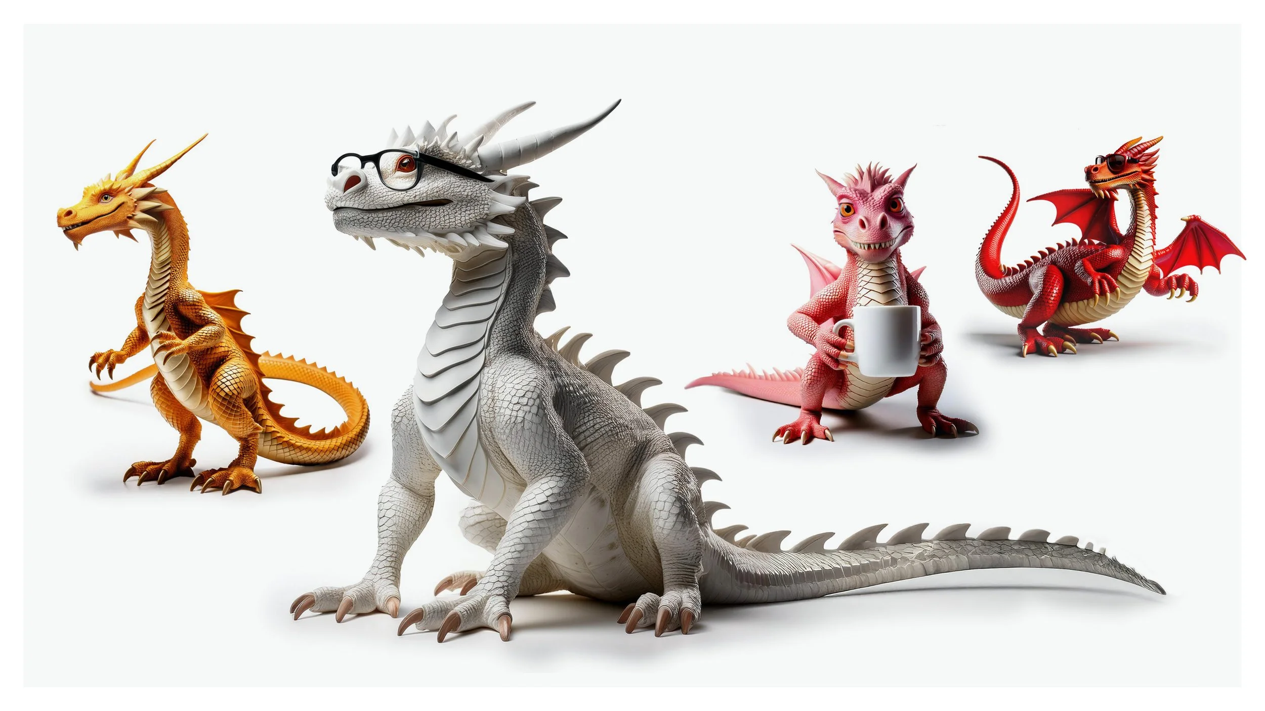 Four cartoon dragons, each with distinct colors and features, standing against a white background. The second from the left is white and wears glasses, the third is pink holding a mug, and the first and fourth are orange and red with wings.