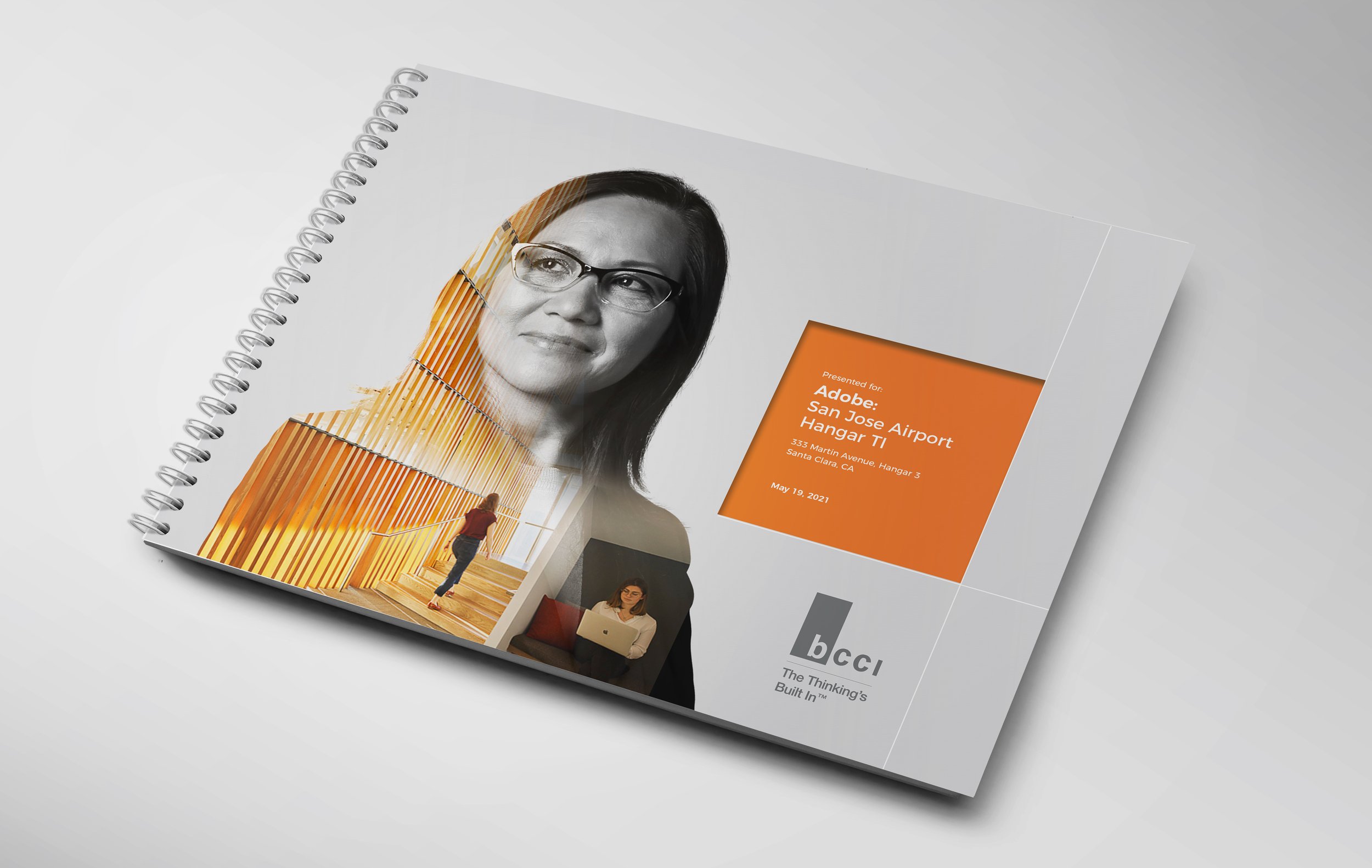 A printed booklet featuring a grayscale portrait of a woman with glasses on the cover, with a graphic design of a building with wooden slats and a person walking up stairs on the front. The booklet is titled with event details for an Adobe event at S