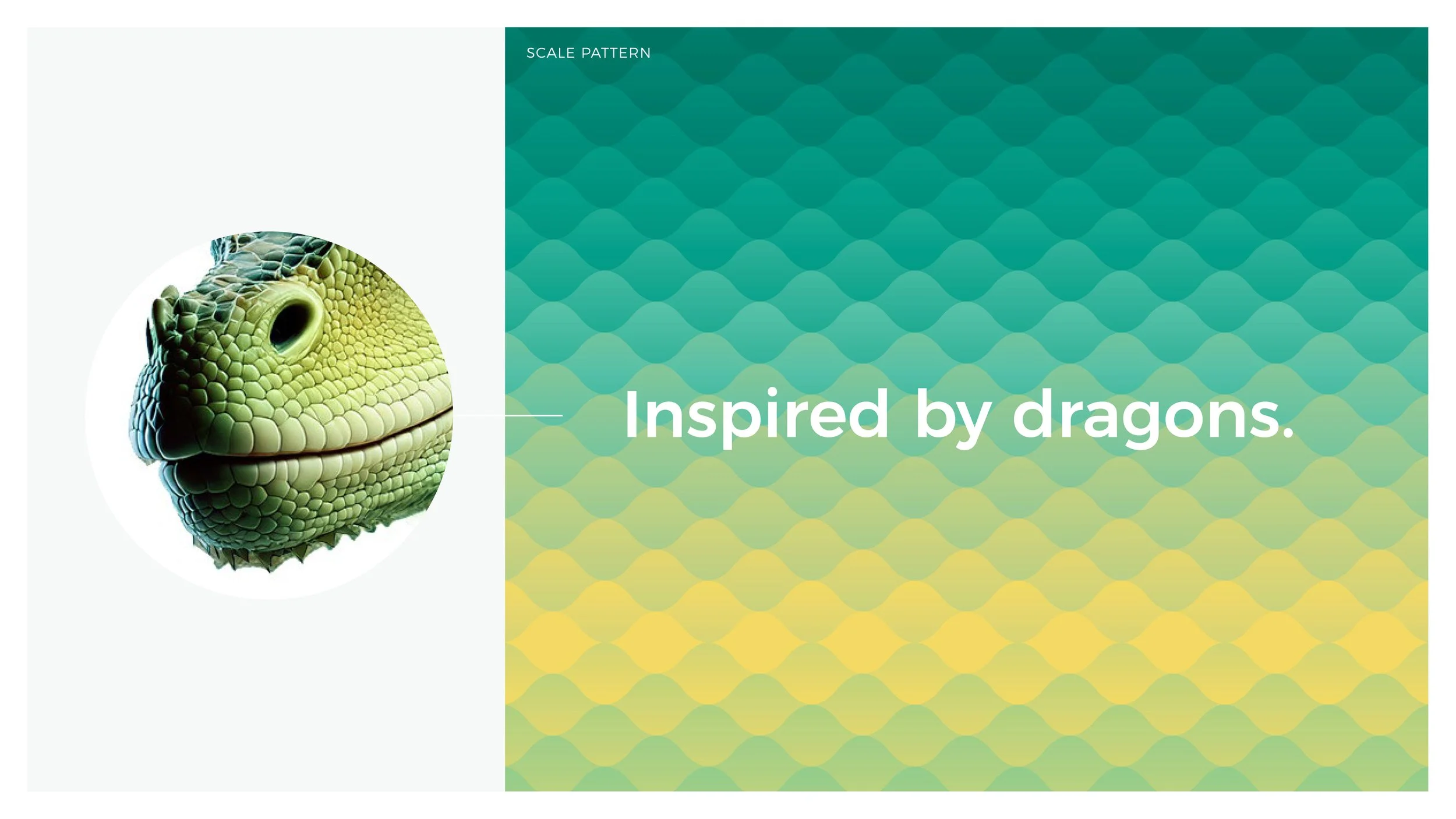 A digital design featuring a close-up of a chameleon's face on the left and a green scale pattern background with the text 'Inspired by dragons' on the right.