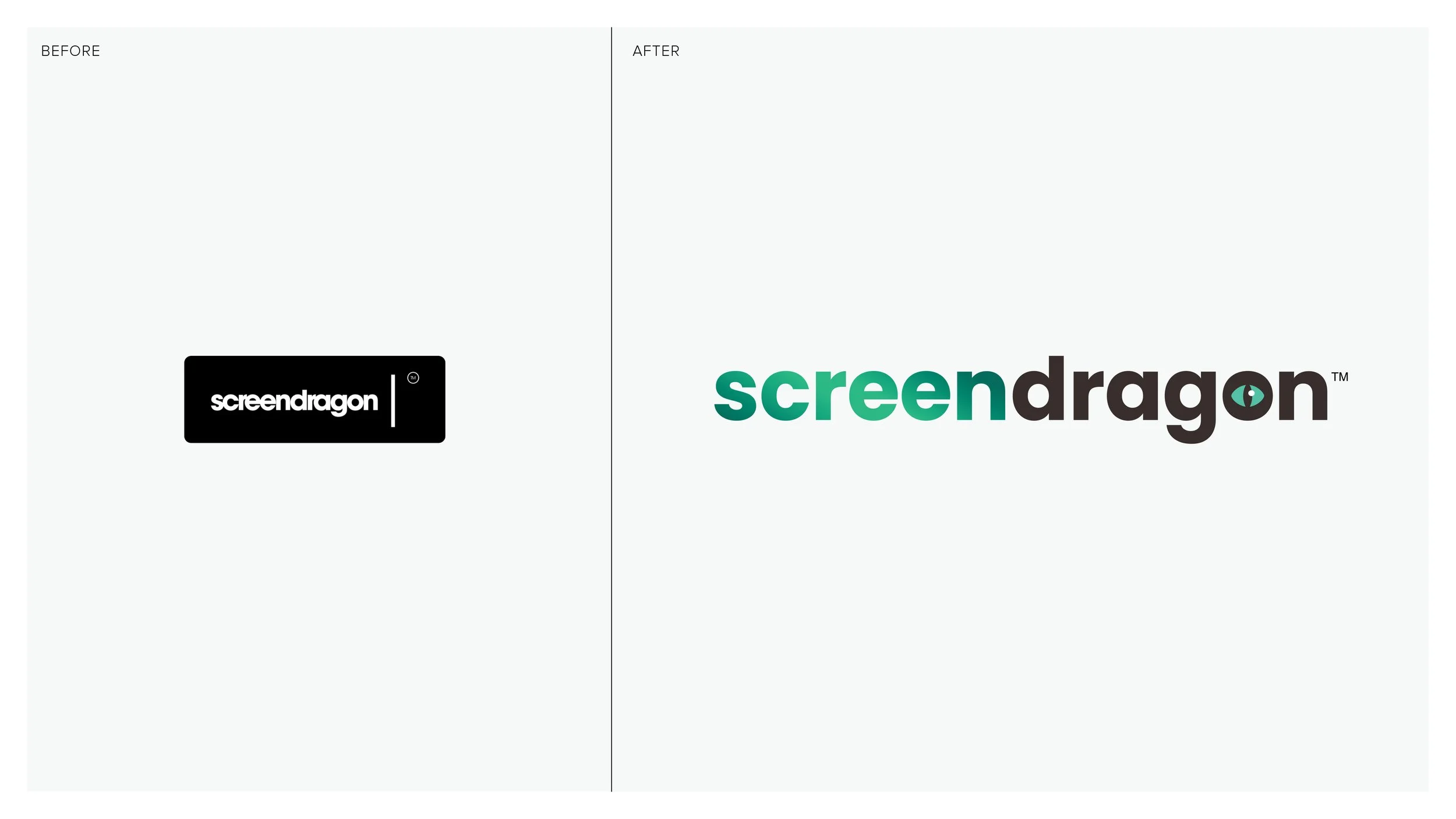 Comparison of two logos for 'Screen Dragon', showing a previous version with white text on a black background and a new version with green and black text, the letter 'o' stylized as a dragon eye.