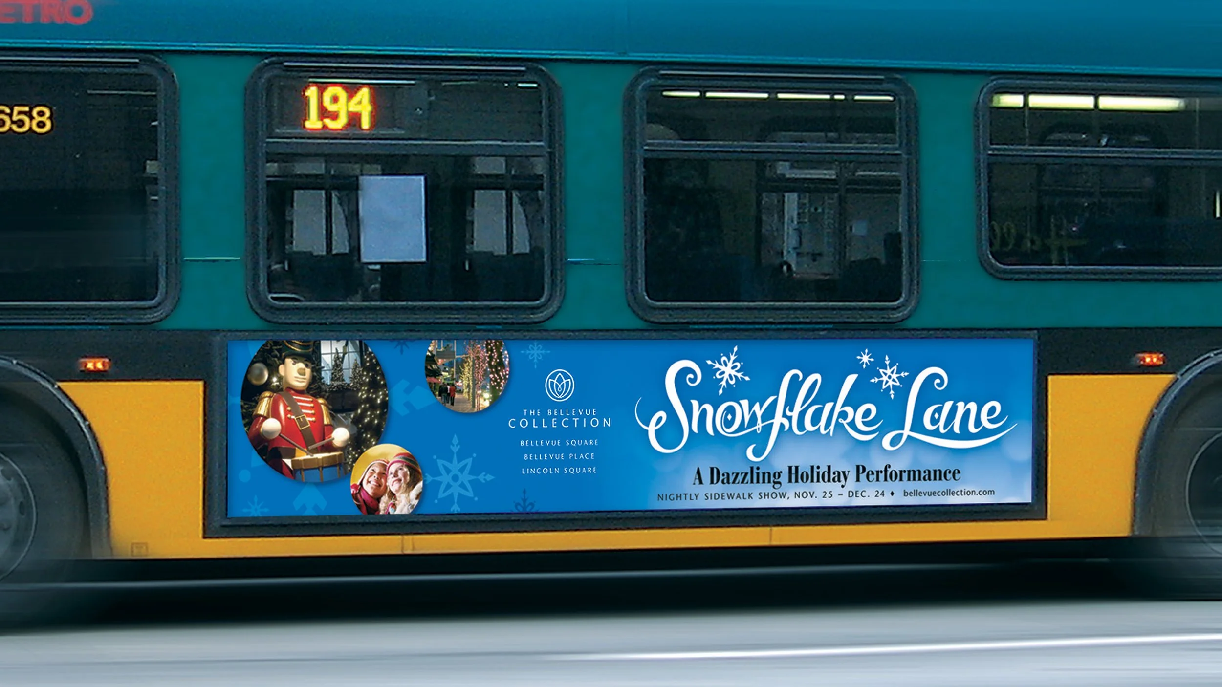 Public transit bus with an advertisement for the Bellevue Collection's Snowflake Lane holiday show, featuring a toy soldier and festive decorations.