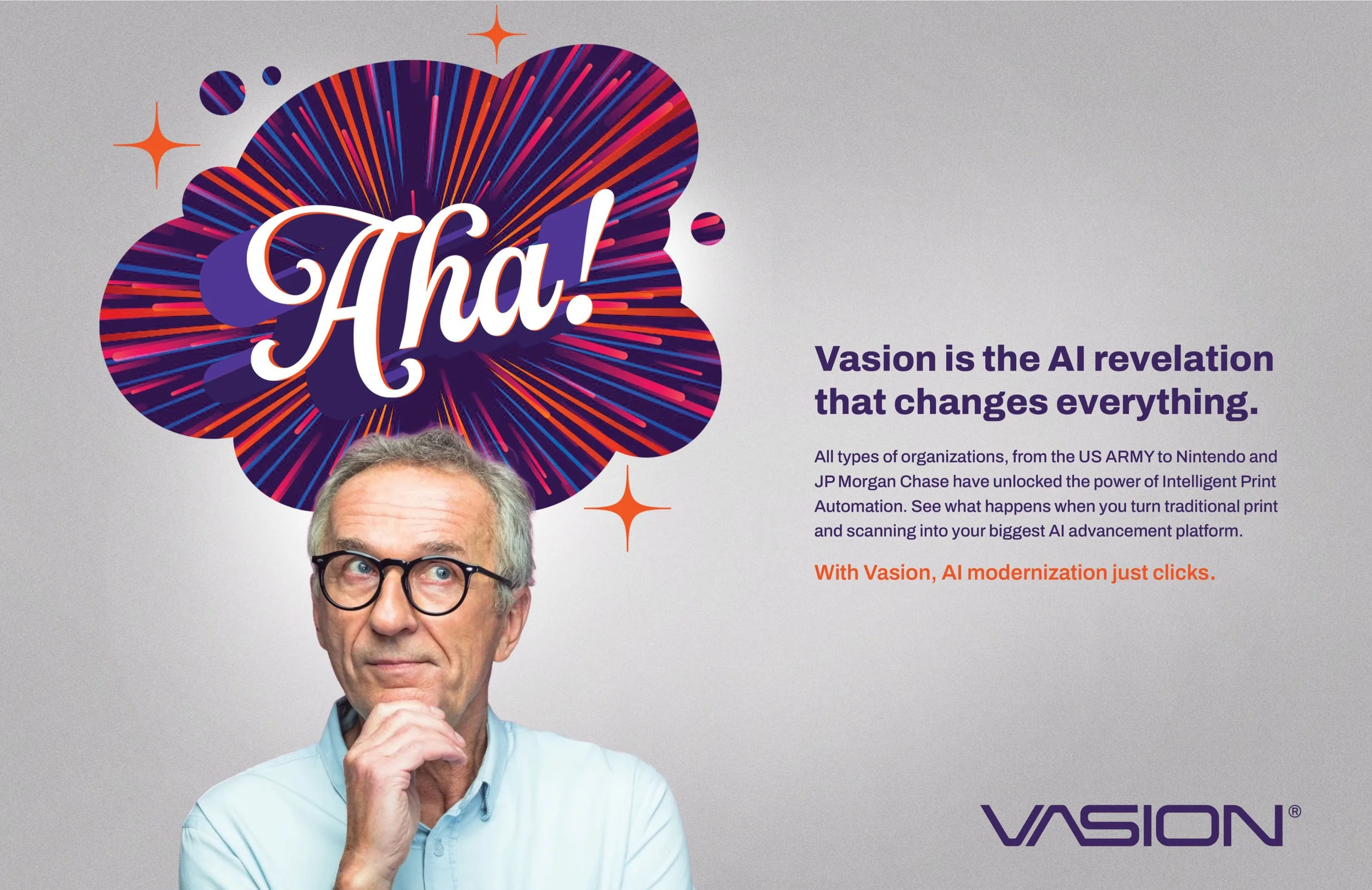 A man with gray hair and glasses is thinking, with his hand on his chin. Behind him is a colorful burst graphic with the word 'Aha!' in white script. The background includes promotional text about Vasion and AI automation.