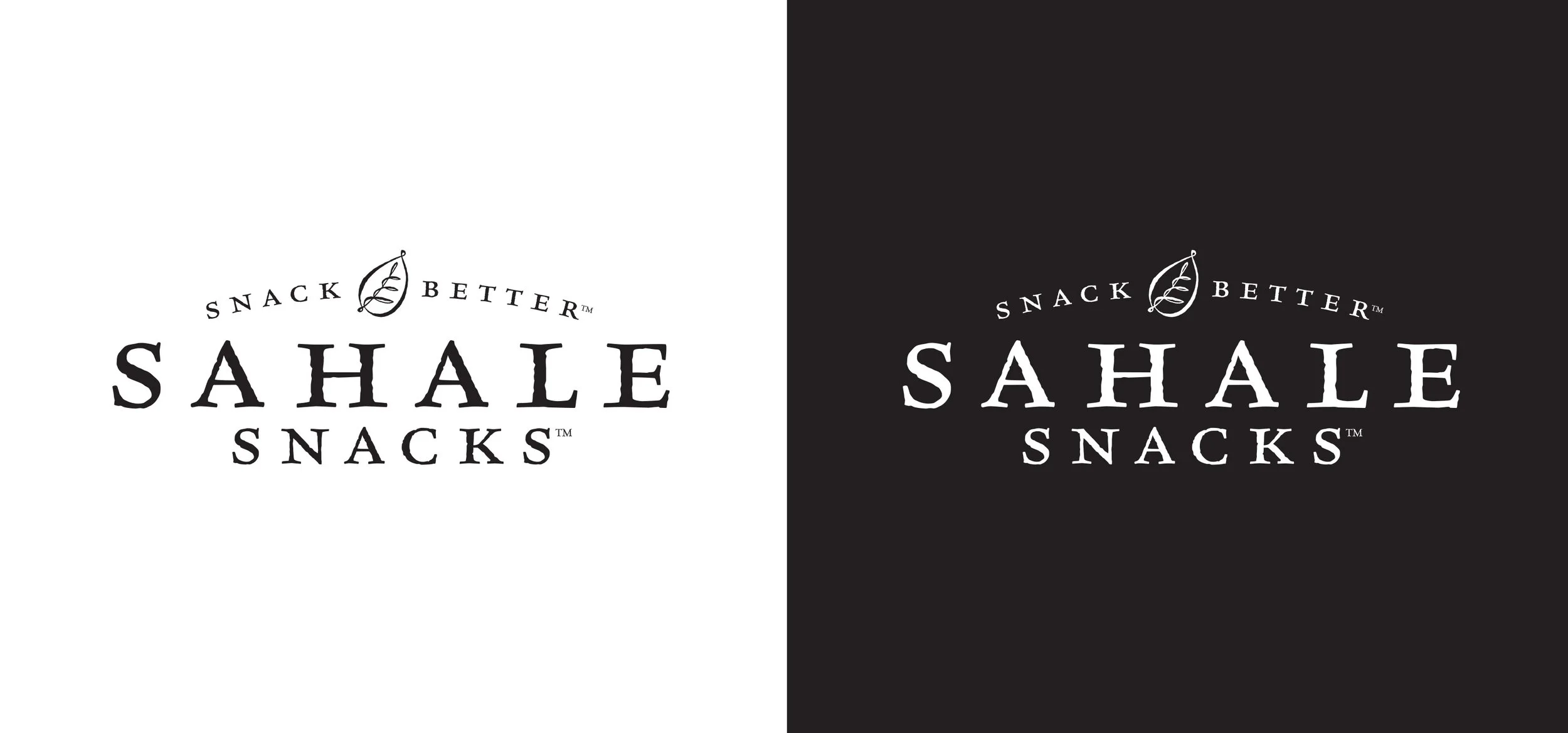 Logo of Sahale Snacks with a leaf graphic and the text 'SNACK BETTER' above and 'SAHALE SNACKS' below, shown in two color schemes: black on white and white on black.