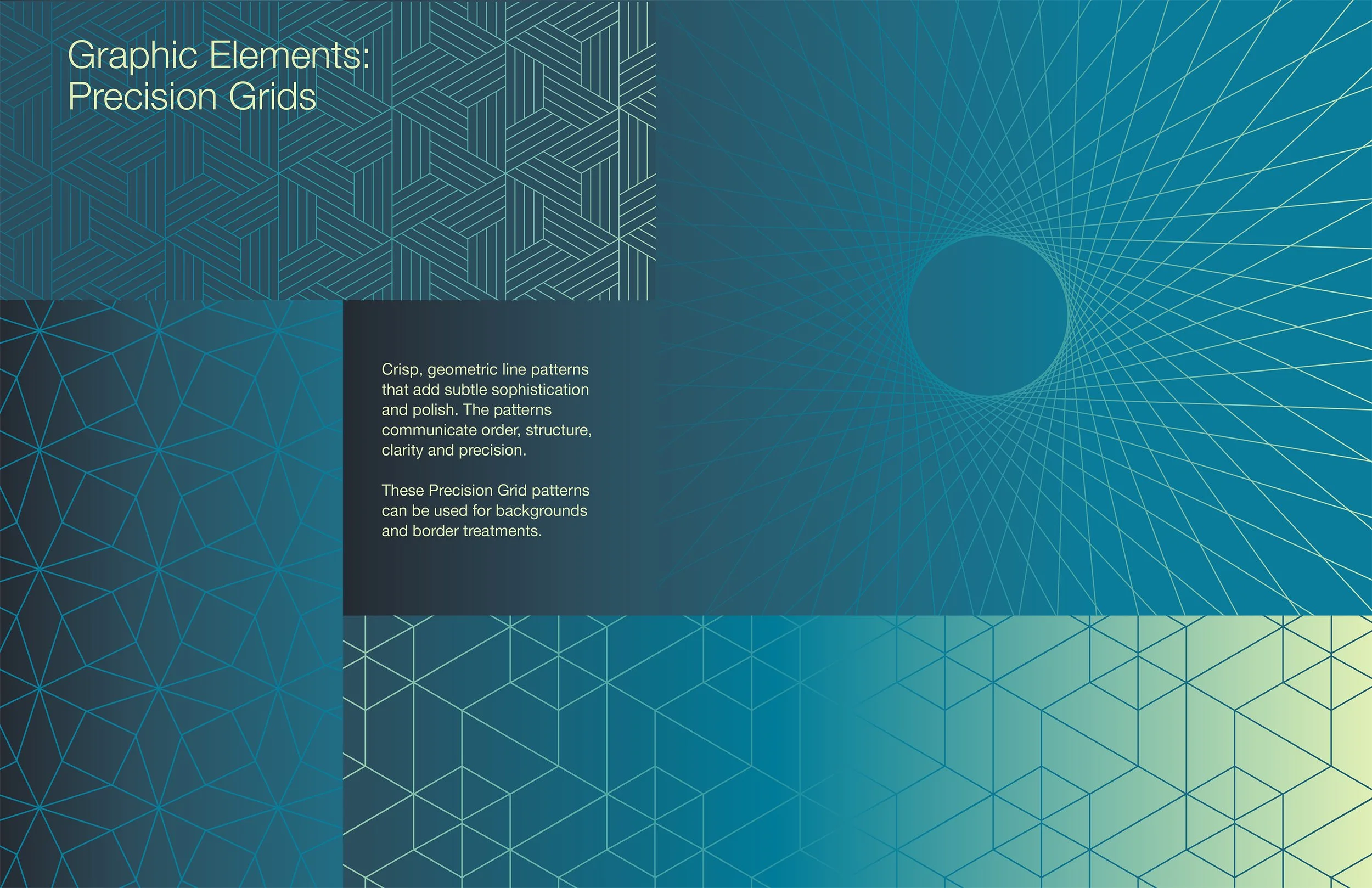 The image features a digital graphic design with geometric line patterns and grids. The left side contains text that reads "Graphic Elements: Precision Grids" and a description about the patterns used for backgrounds and treatments. The background has a gradient from dark blue to light green with intricate blue and yellow lines forming geometric shapes, creating a modern and technological aesthetic.