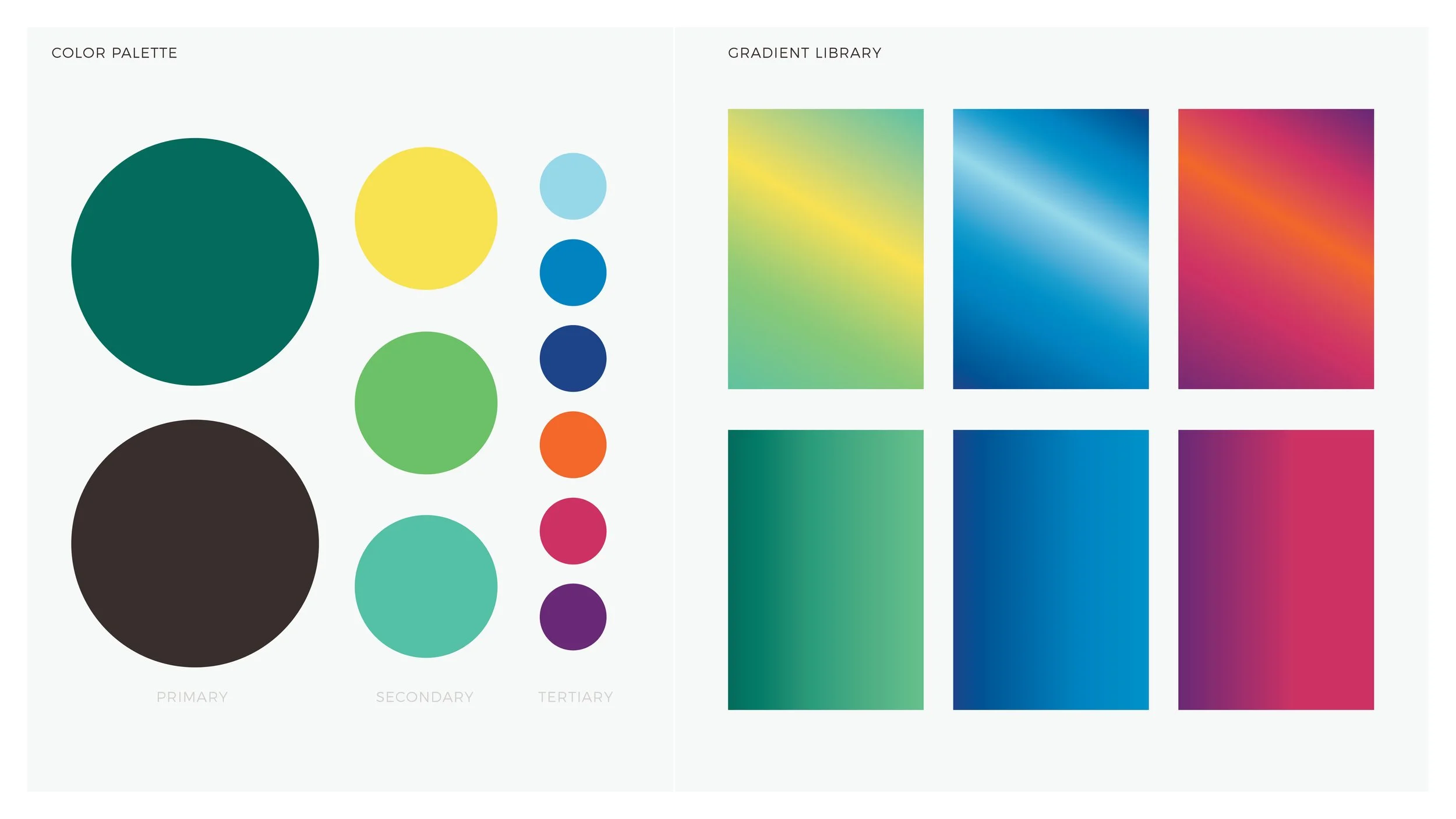 A color palette chart with primary, secondary, and tertiary color circles on the left, and a gradient library with color gradients on the right.