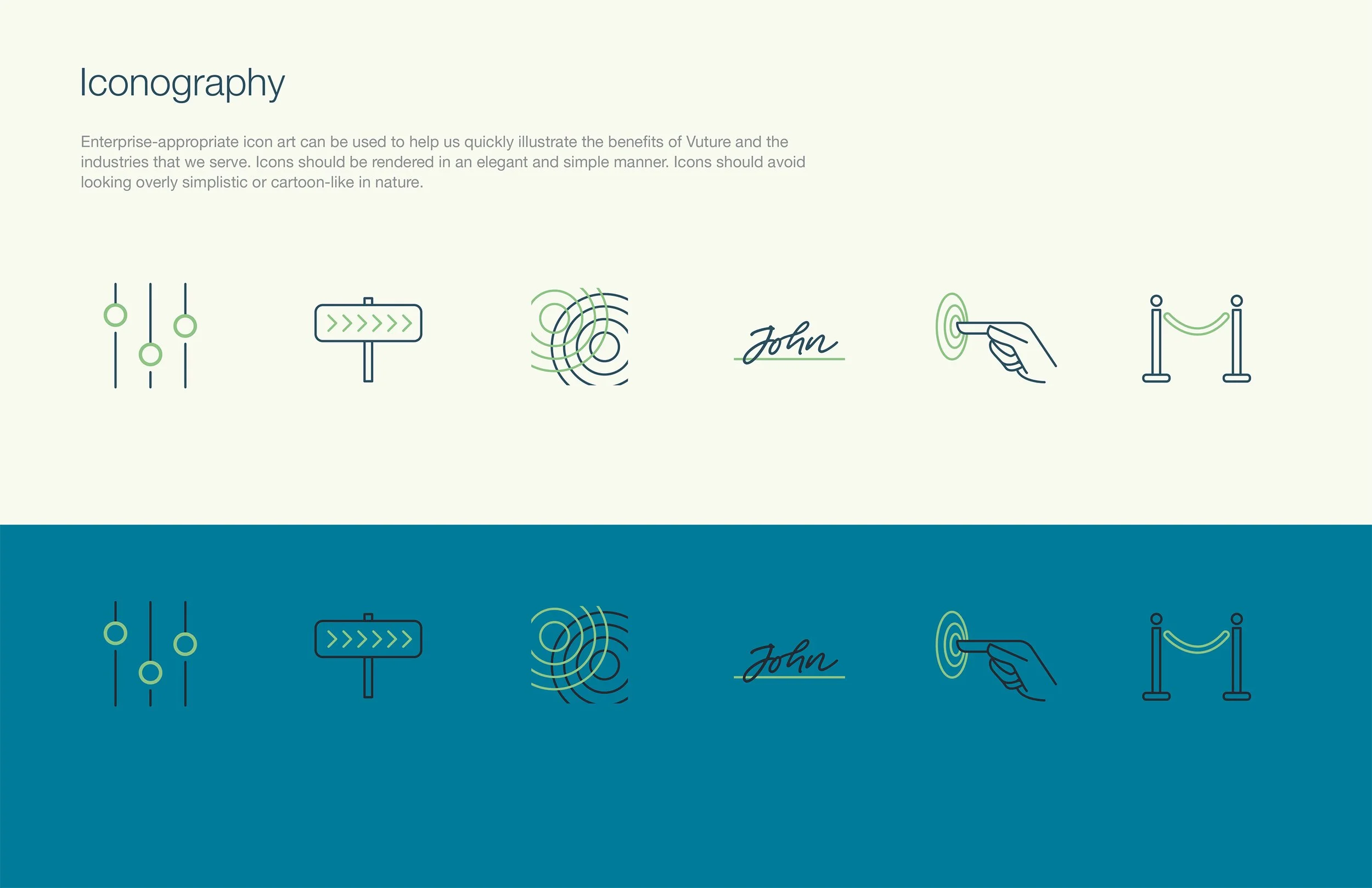 Graphic design slide with the title 'Iconography' and five icons representing signals, a sign, concentric circles, a signature, and a hand pointing, with a repeating pattern and background in green and dark teal colors.