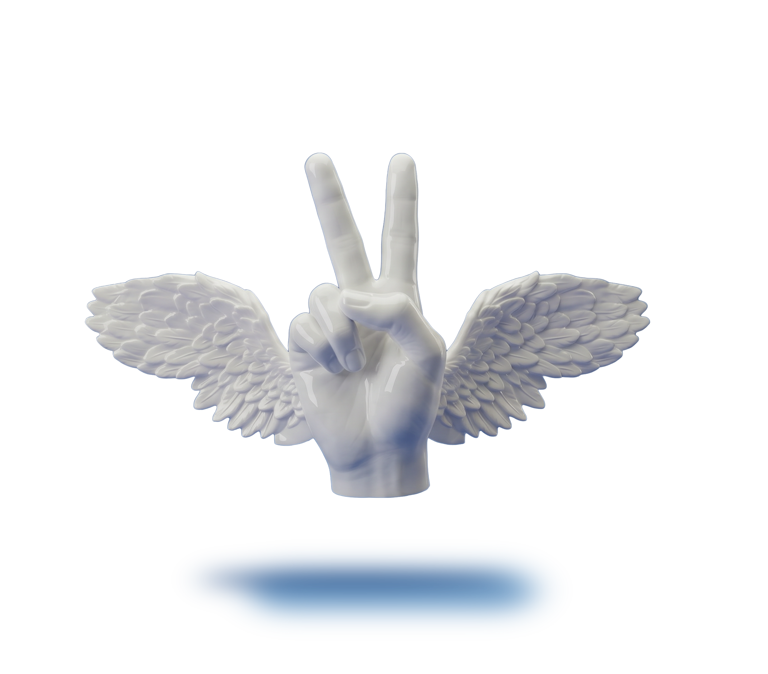 A white hand with a finger and thumb sticking out, making a peace sign, with angel wings behind it and a circular blue glow at the base of the hand.