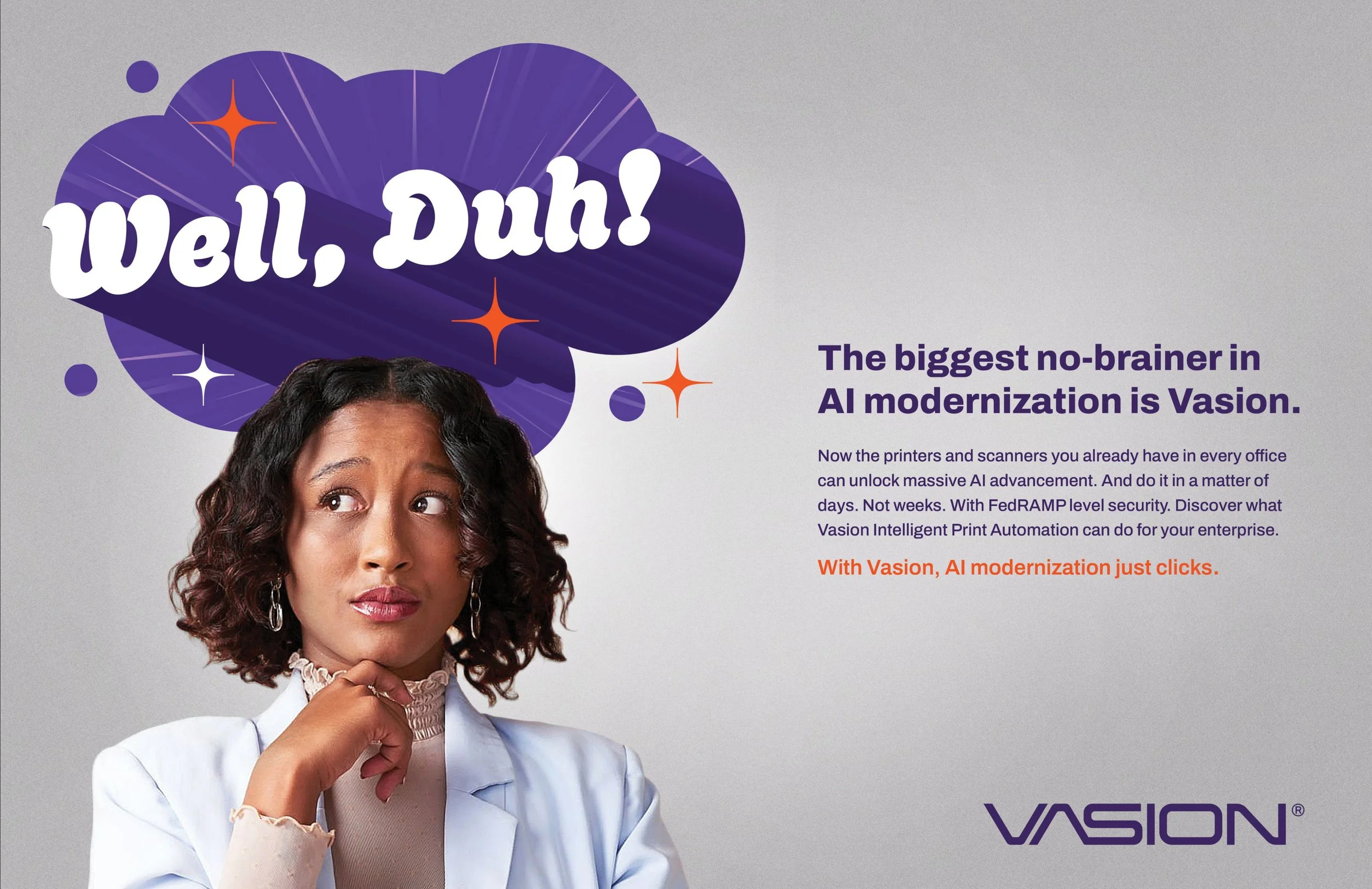A woman with curly dark hair in a white lab coat, holding her chin thoughtfully. Behind her, a purple speech bubble with the words "Well, Duh!" and some decorative stars. To the right, purple and orange text about AI modernization and automation.