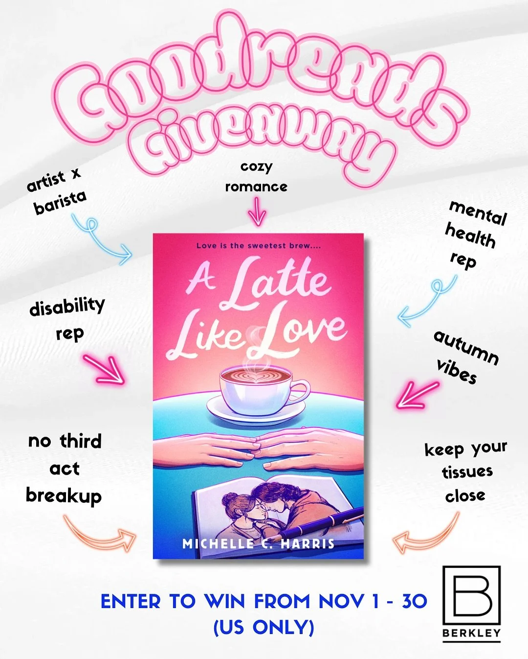 🚨ANOTHER GIVEAWAY ALERT🚨 - win an ARC of A LATTE LIKE LOVE! (Did you miss the first giveaway? You&rsquo;re in luck!)

Daddy Berkley made 10 more physical advanced reading copies of A LATTE LIKE LOVE available through @goodreads from November 1 - No