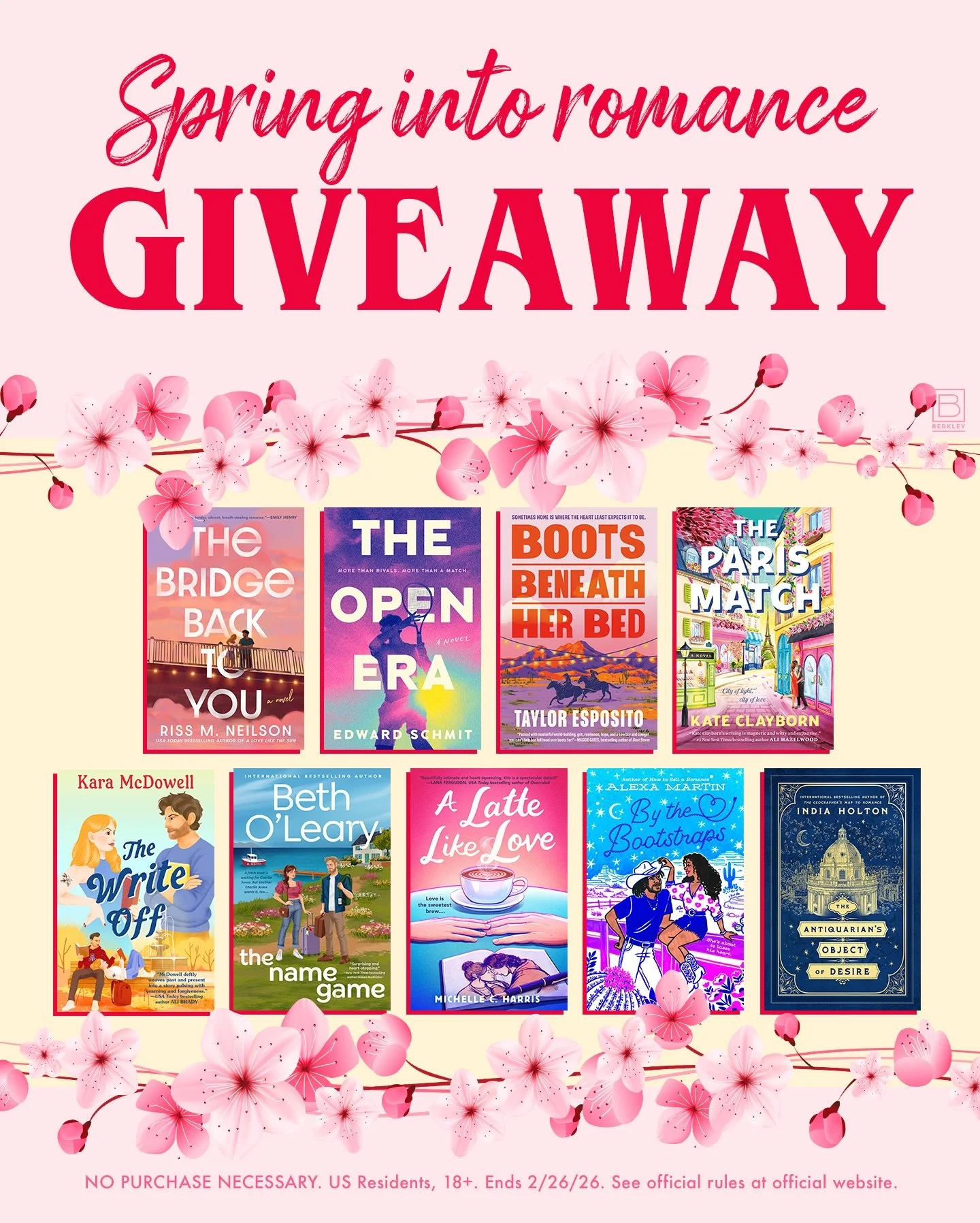 🌸 SPRING INTO ROMANCE GIVEAWAY 🌸

My publisher @berkleyromance is spreading the love by giving away NINE romances to help launch us into spring! Look at all the pretty books! 😍

This giveaway will be open for ten days, from 2/16/26 - 2/26/26, and 