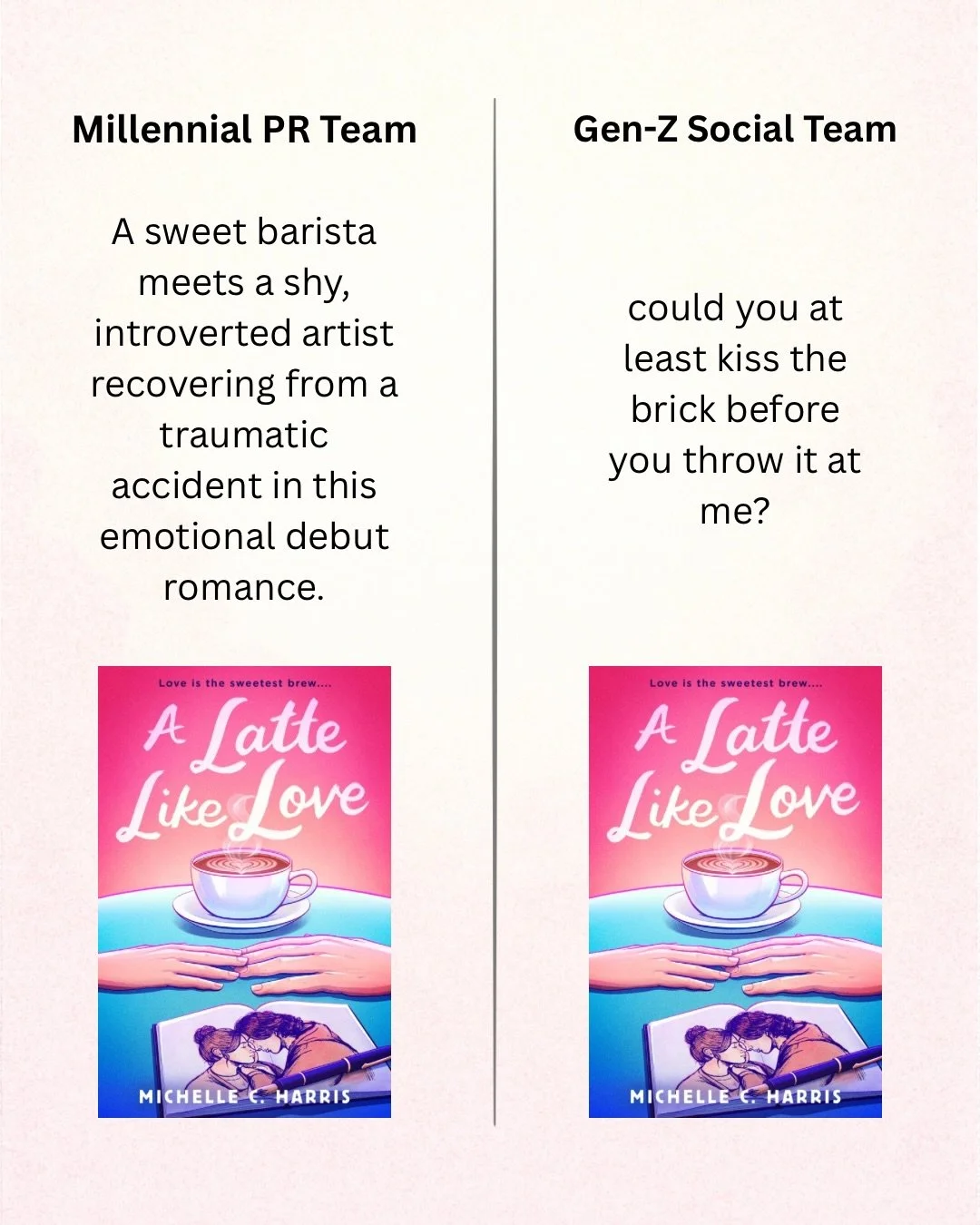 An attempt was made.

(I don&rsquo;t know what I&rsquo;m doing, y&rsquo;all.)

A LATTE LIKE LOVE is out now in paperback, ebook, and audio wherever books are sold. It&rsquo;s for you if you love:

🩷 cinnamon roll x cinnamon roll
🧡 men in therapy
🩵