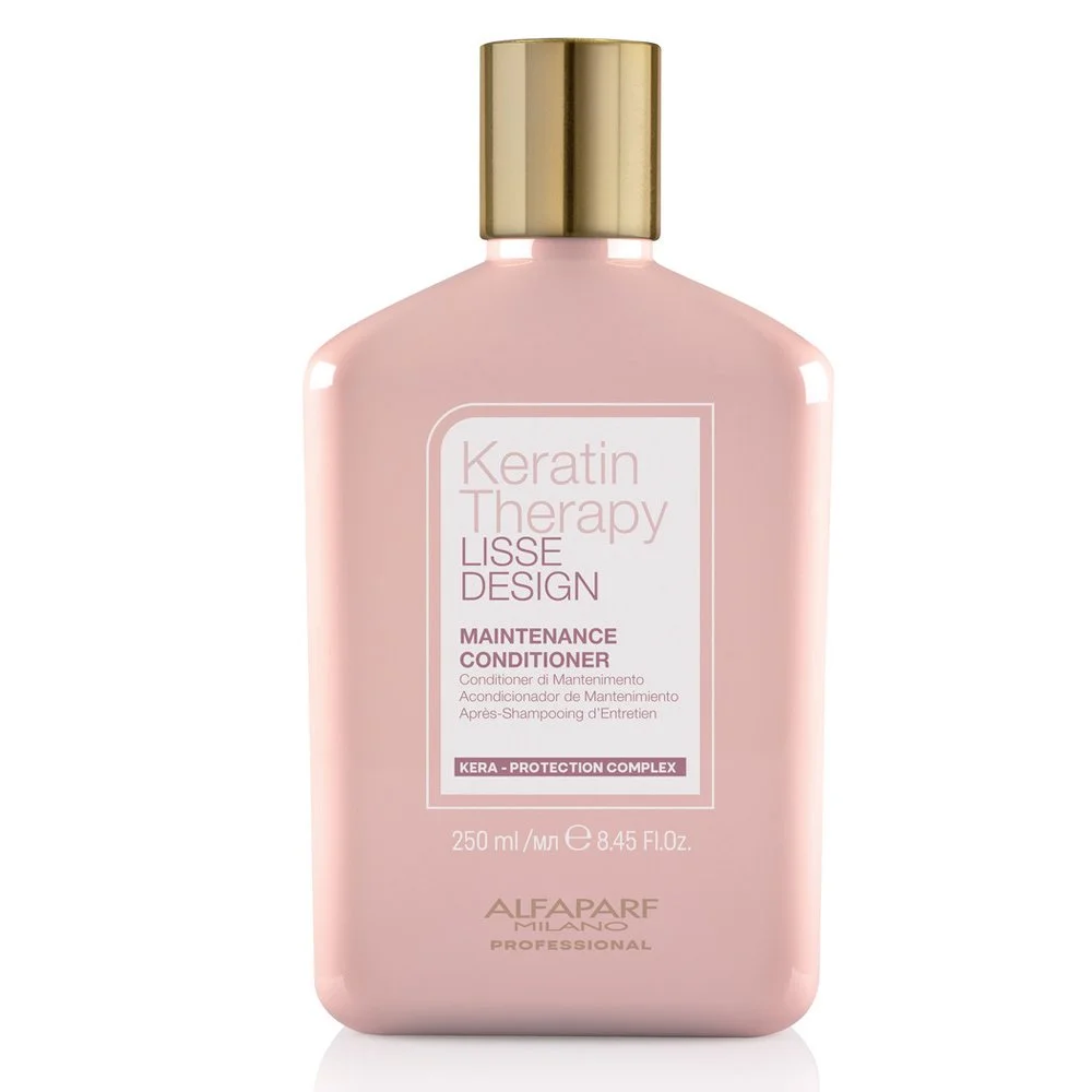 Pink bottle of Keratin Therapy Lisse Design Maintenance Conditioner with gold cap, produced by Alfaparf Milano, 250 ml.