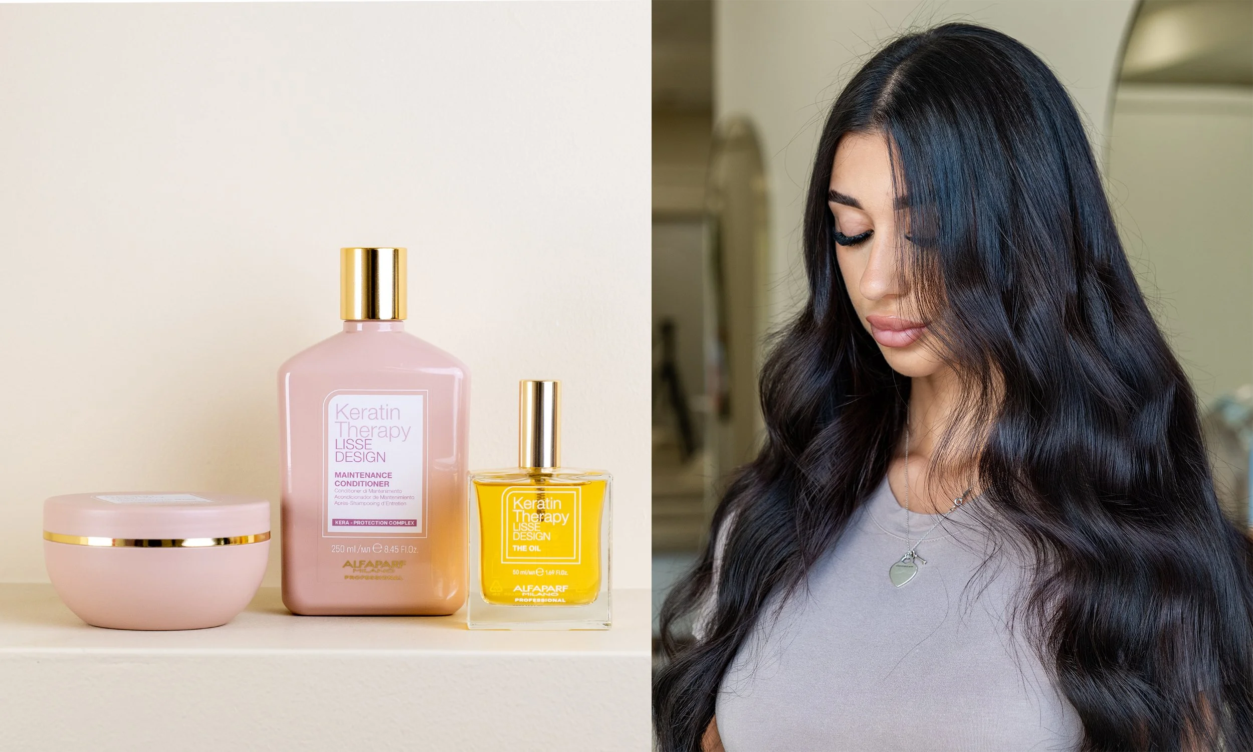 Hair care products including a pink jar, pink bottle, and yellow oil bottle next to a woman with long, wavy black hair wearing a gray top and a silver heart necklace.
