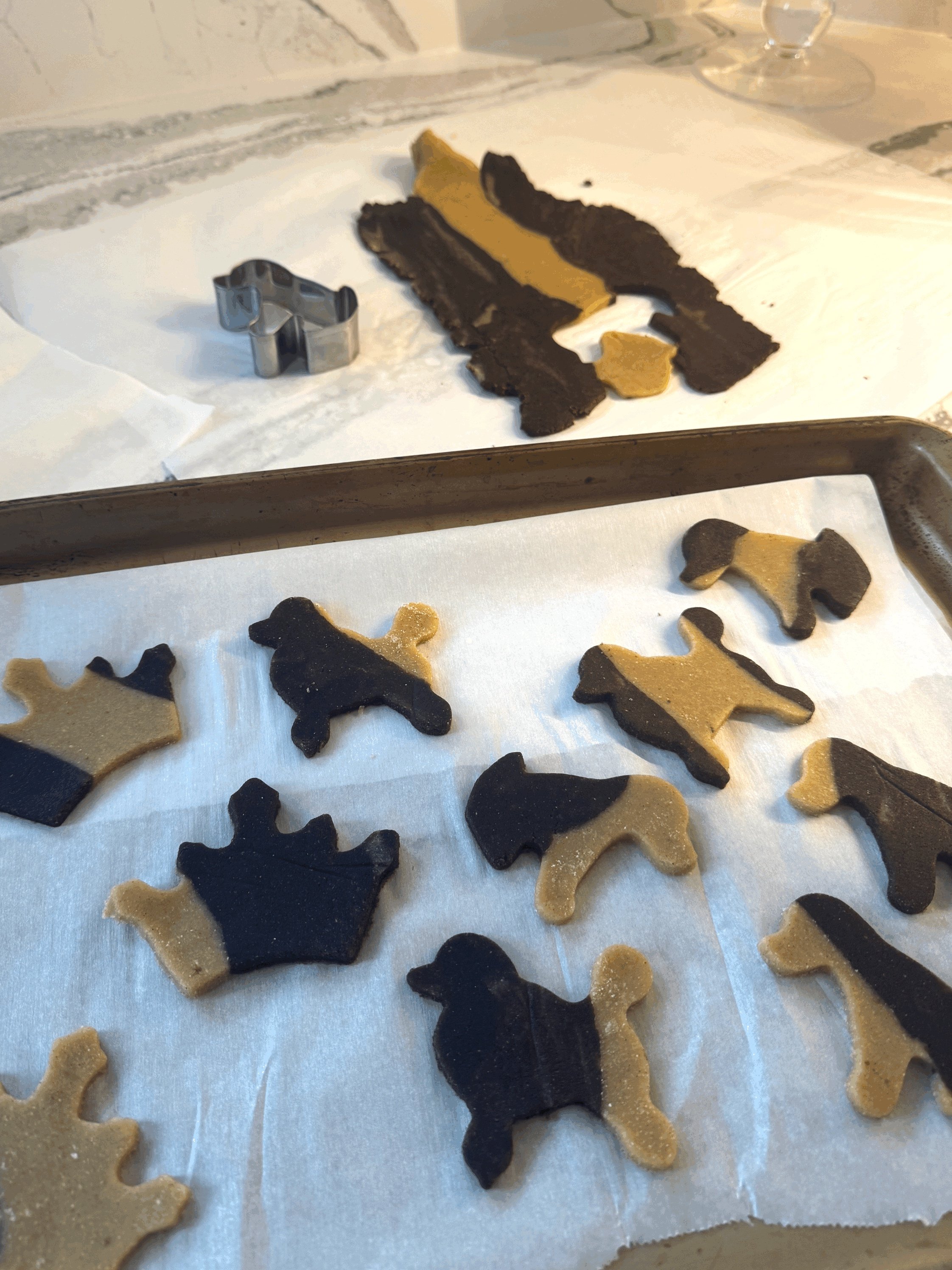 Homemade banana carob marble dog cookies made in Ottawa with fresh banana, organic almond flour, coconut flour, carob powder, and cinnamon—wholesome, soft-baked treats for healthy pups.
