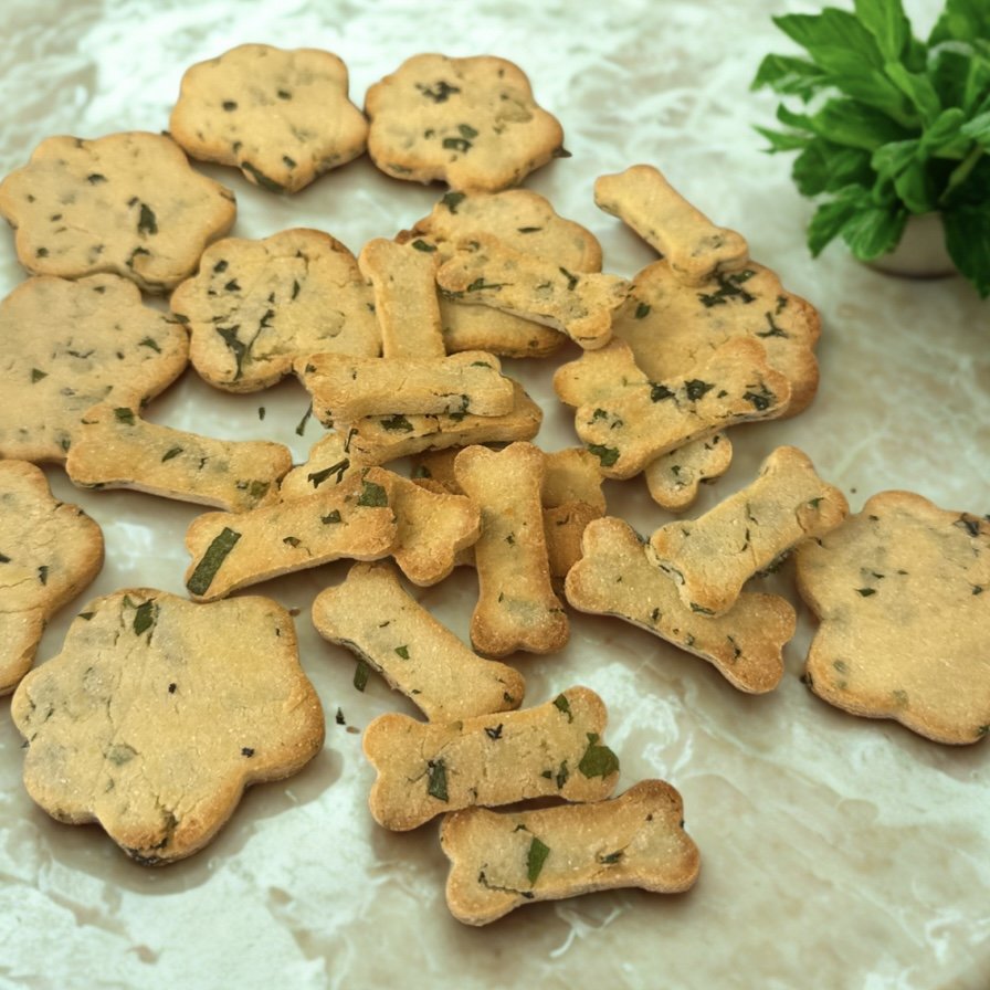 Homemade fresh mint dog biscuits made in Ottawa with organic rice flour, coconut flour, organic virgin coconut oil, and natural honey, offering a healthy and flavorful treat for dogs