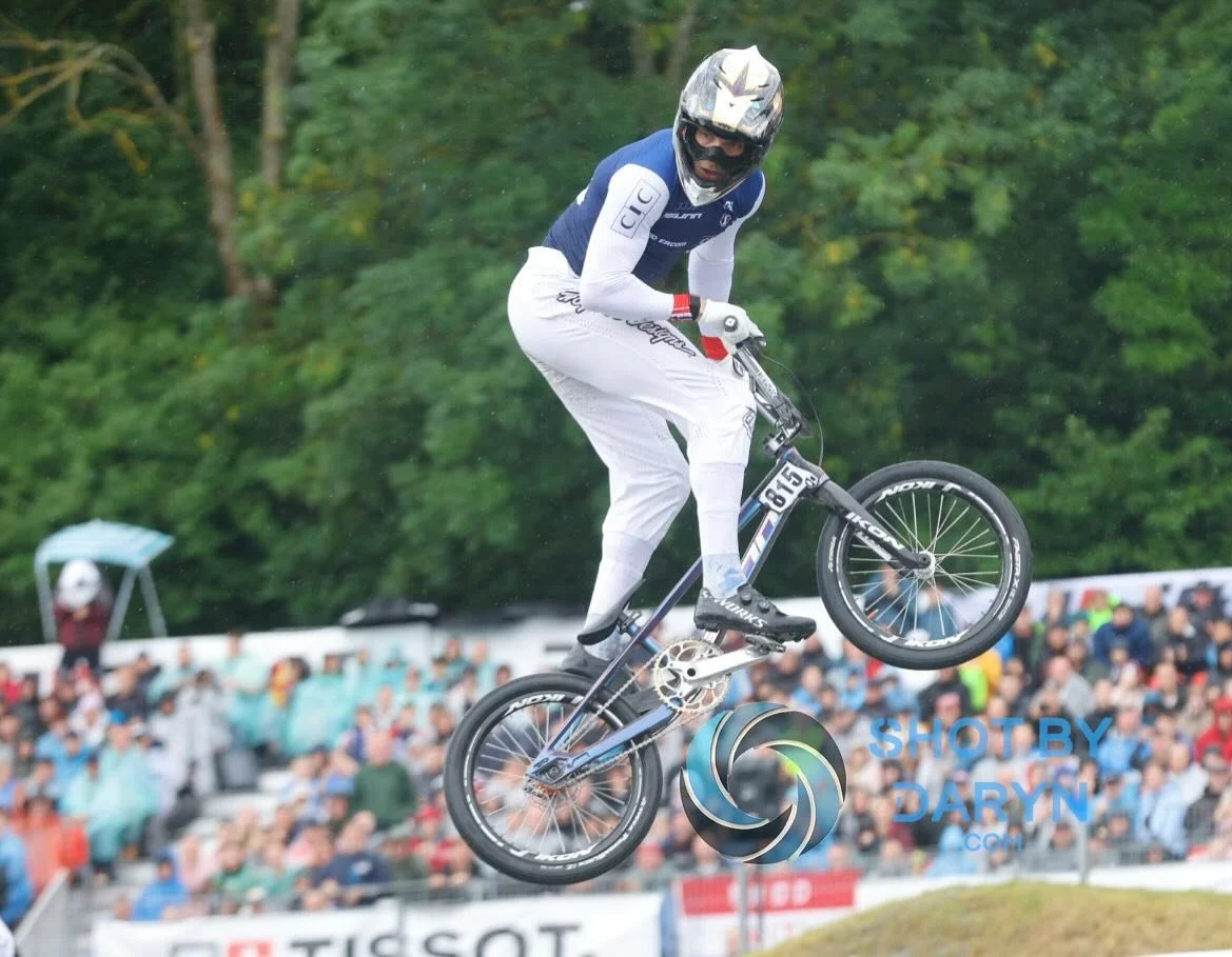 The new fave, a cheeky look back from @eddyclerte815 making sure he was clear on his way to the finals #shotbydaryn #ucibmxworldchampionships