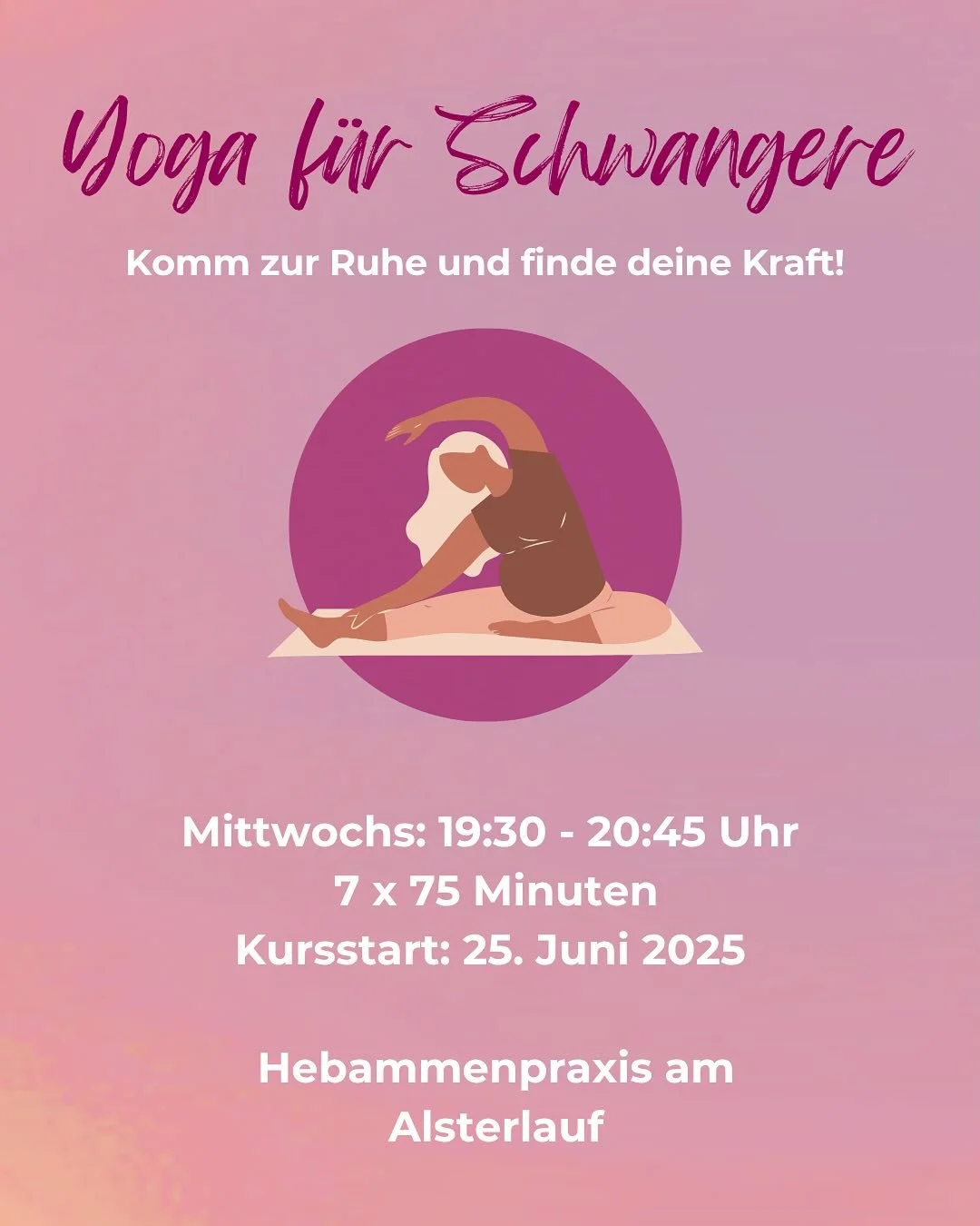 Komme mit Hatha Yoga in deine Kraft - von innen nach außen. 
Dieser Kurs hält für dich folgendes bereit: 
🗣️ Raum für Austausch mit anderen Schwangeren in deiner Umgebung
🌬️Impulse für deine Geburtsvorbereitung - unter an