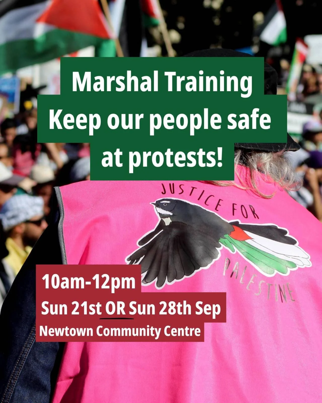 Marshal Training - keep our people safe at protests!

📅 Sunday 21st September, 10am-12pm OR Sunday 28th September, 10am-12pm
📍 Newtown Community Centre (corner of Colombo &amp; Rintoul Streets) @newtowncommunity 

We are running two marshal trainin