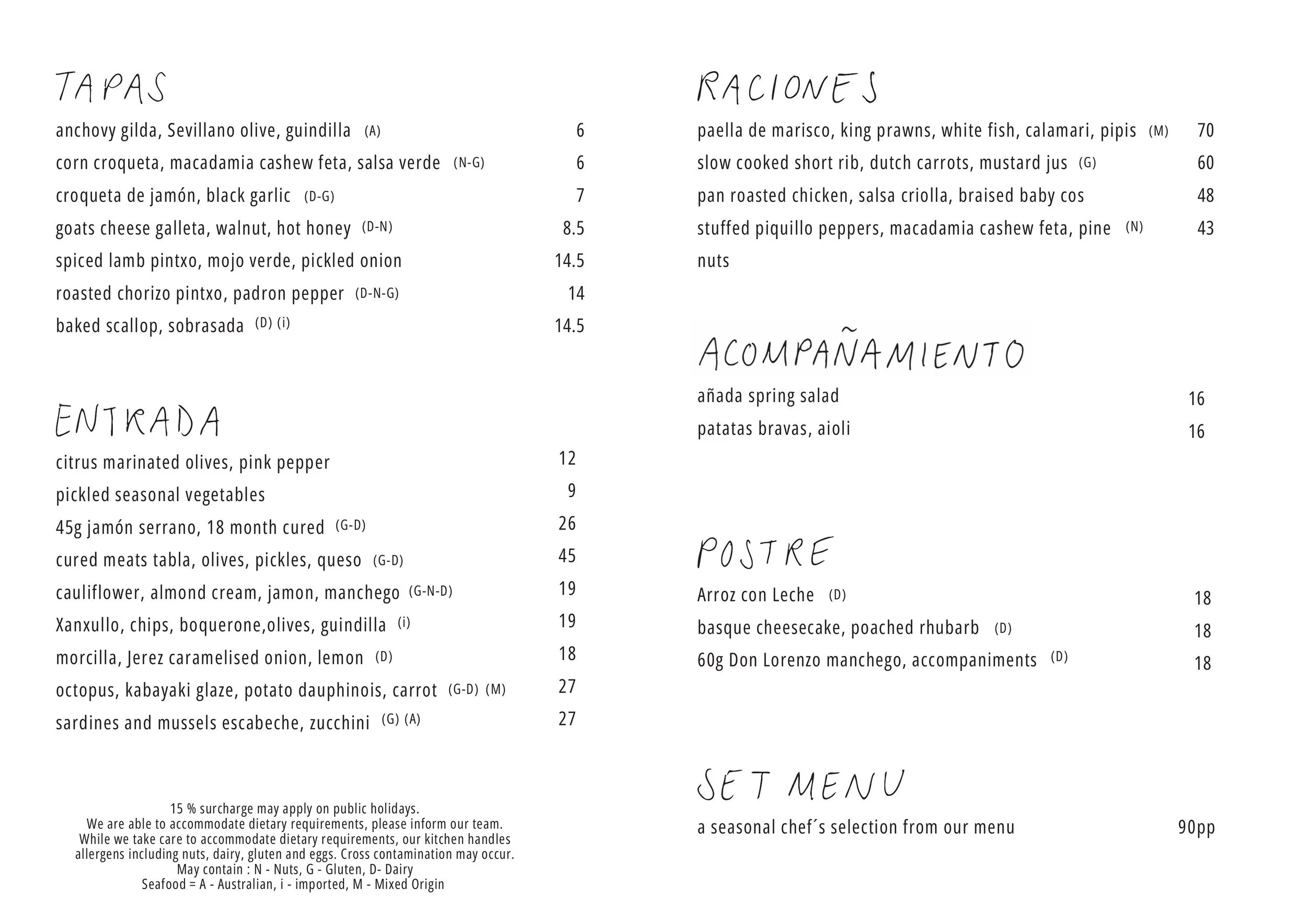 A menu page with sections for Tapas, Entradas, Raciones, Acompañamiento, Postre, and Set Menu. The menu lists various Spanish dishes and their prices, written in a minimalist, handwritten font on a white background.