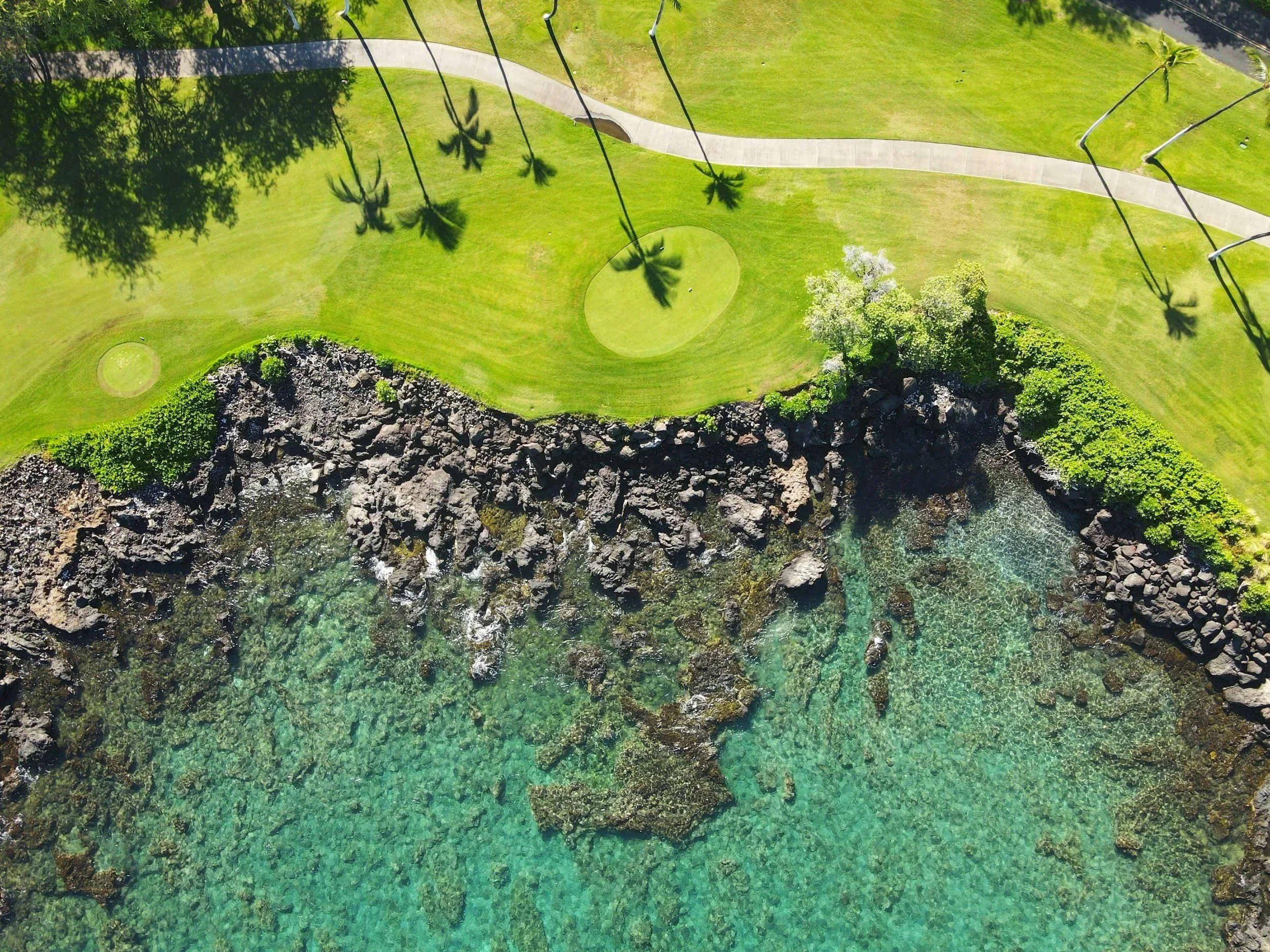 An aerial view of a coastal walking path, grass, trees, and rocky shoreline with clear turquoise water adjacent to Mauna Lani South golf course.