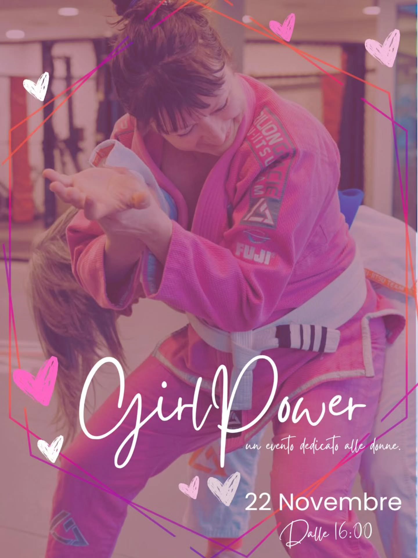 ​NON SOLO PAROLE: PASSA ALL'AZIONE!
​CLASSE DI DIFESA PERSONALE COMPLETAMENTE GRATUITA!
​Donna, questo giorno &egrave; dedicato a TE. &Egrave; ora di imparare a proteggerti e a rafforzare la tua sicurezza.
​Combattiamo insieme la #violenzasulledonne 