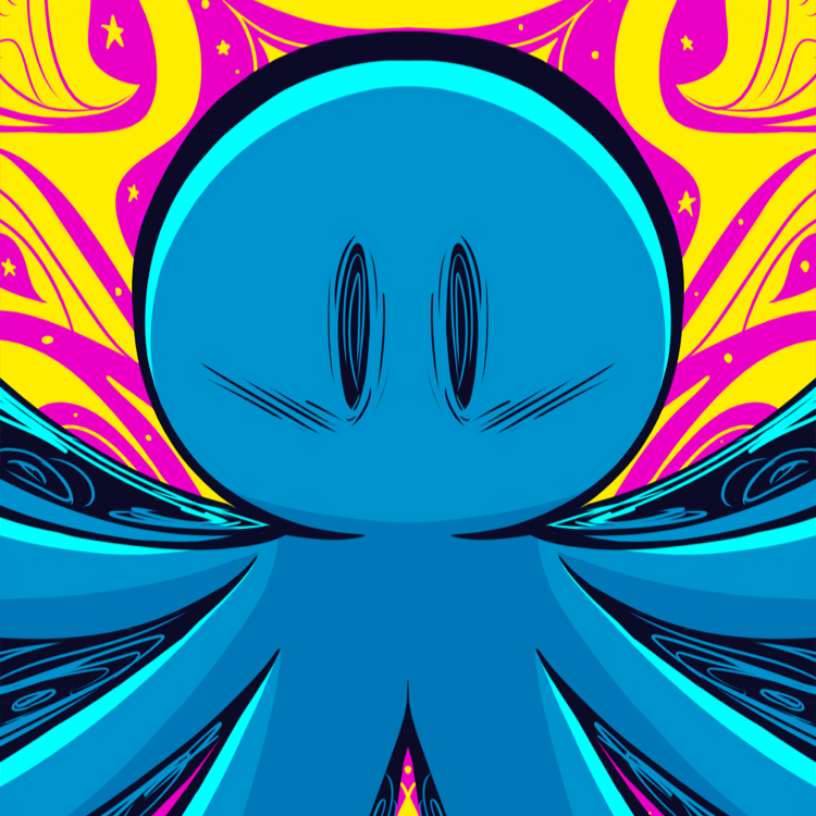 A digital illustration of a blue octopus with a large round head, wide eyes, and outstretched tentacles, set against a vibrant, psychedelic background in yellow and pink with swirling patterns and small stars.