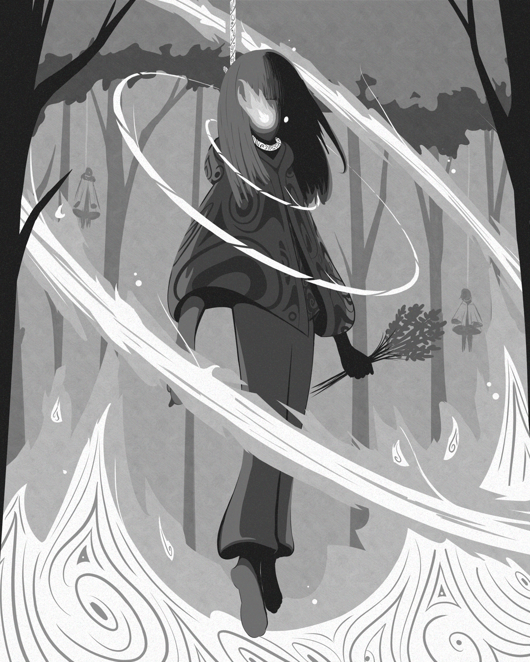 A grayscale illustration of a woman with long hair holding a bouquet of flowers in a forest. She is surrounded by swirling lines and a mystical atmosphere, with two small figures hanging from ropes in the background.