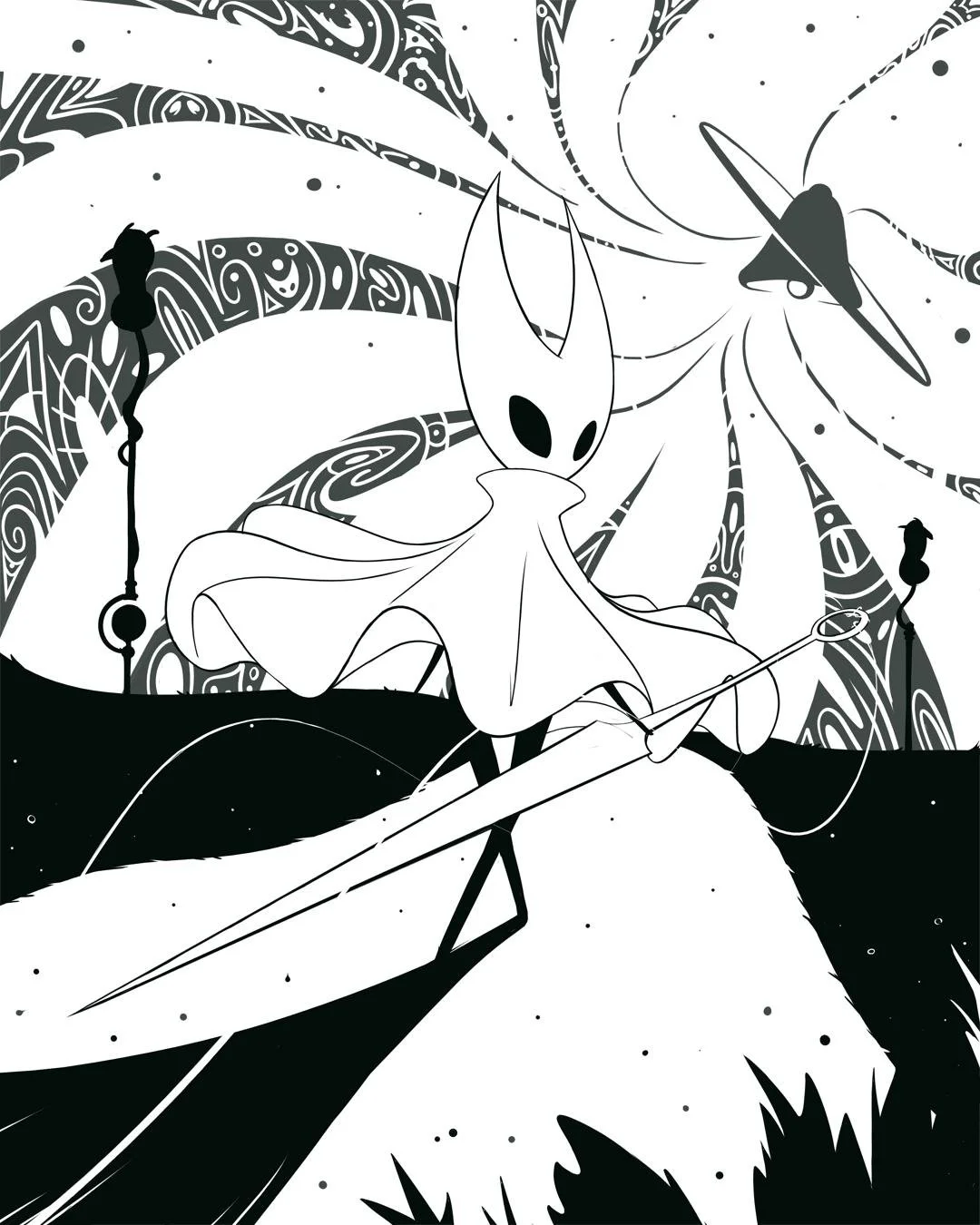 Black and white digital illustration of a tall, alien-like figure with large eyes and pointed ears, sitting on a small boat with a pole. The background features spiral patterns, space, and a swirling galaxy with a planet and a ringed celestial body.